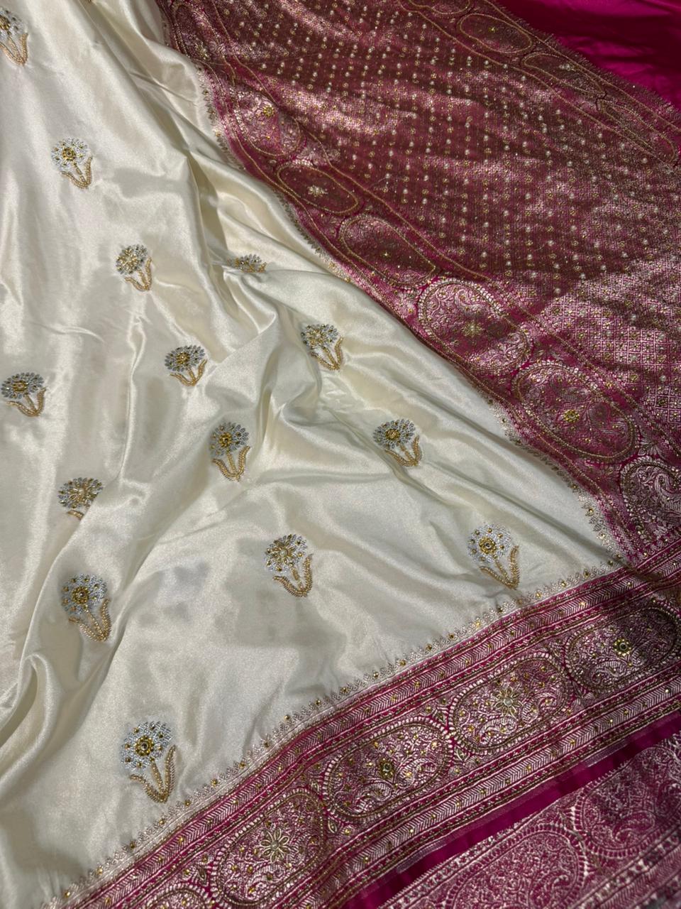 Cream Rani Mashru Katan Silk Premium Handwork Saree