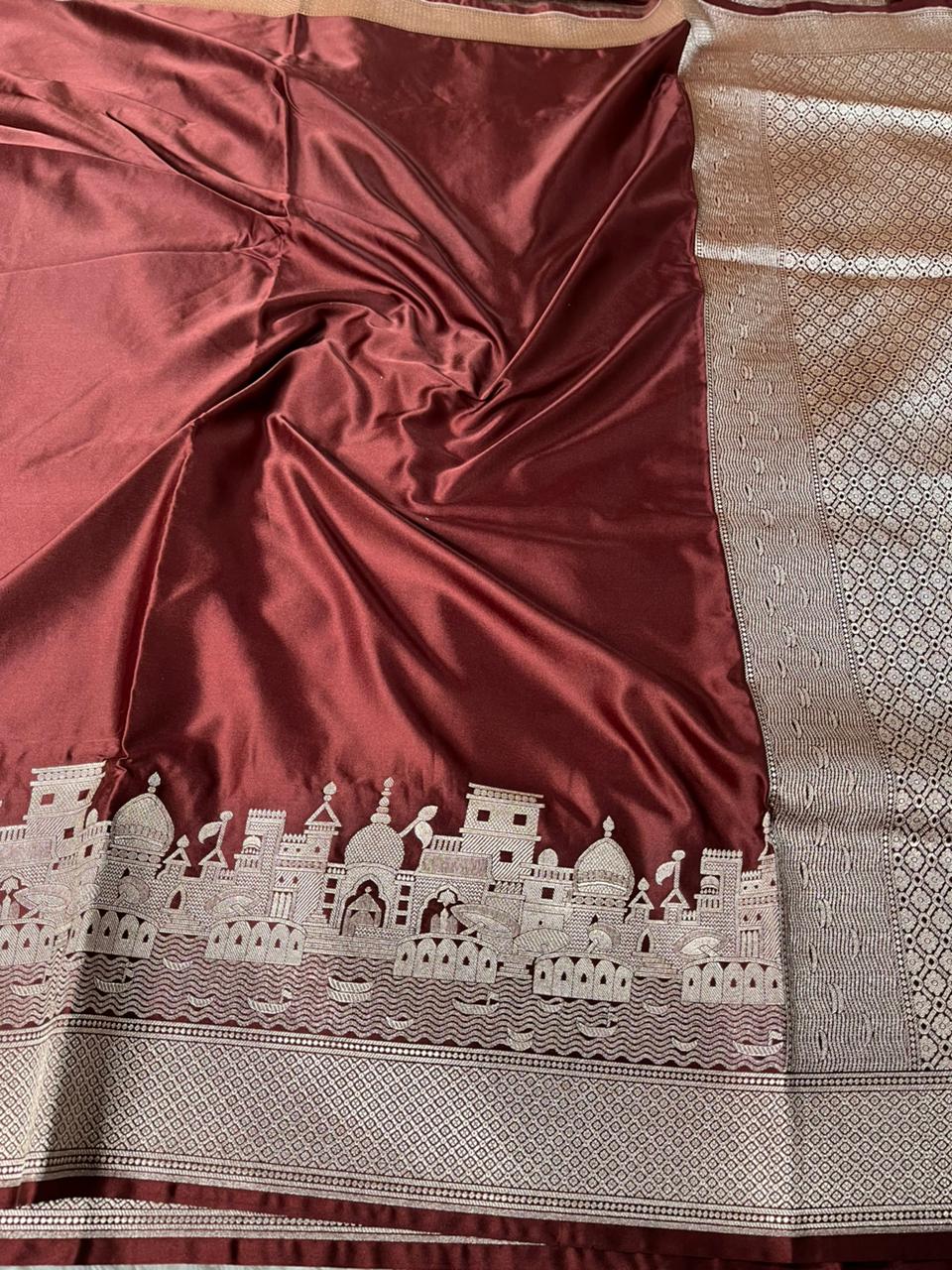Crimson Maroon Mashru Katan Silk Ghats Banarasi Saree