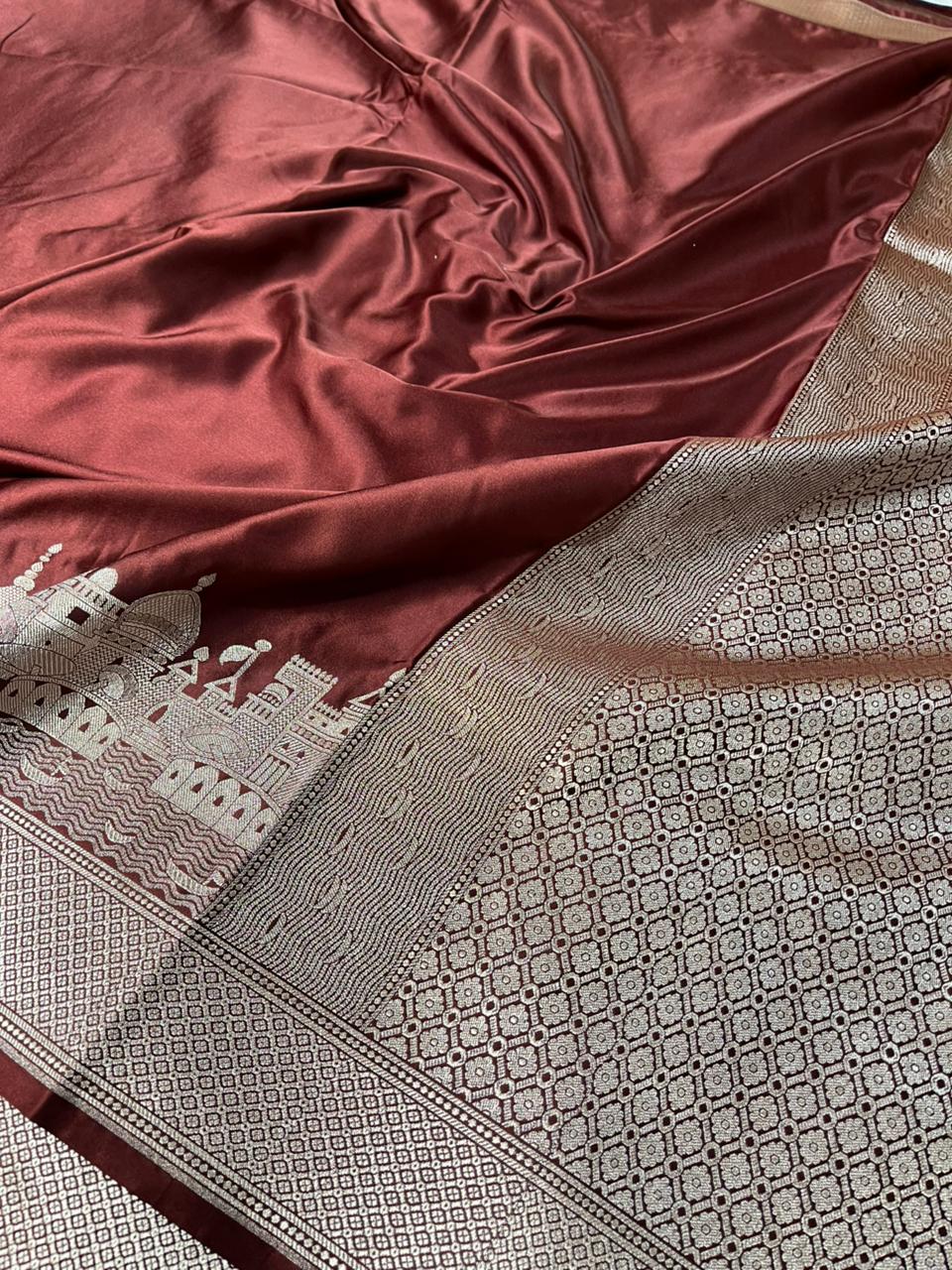 Crimson Maroon Mashru Katan Silk Ghats Banarasi Saree