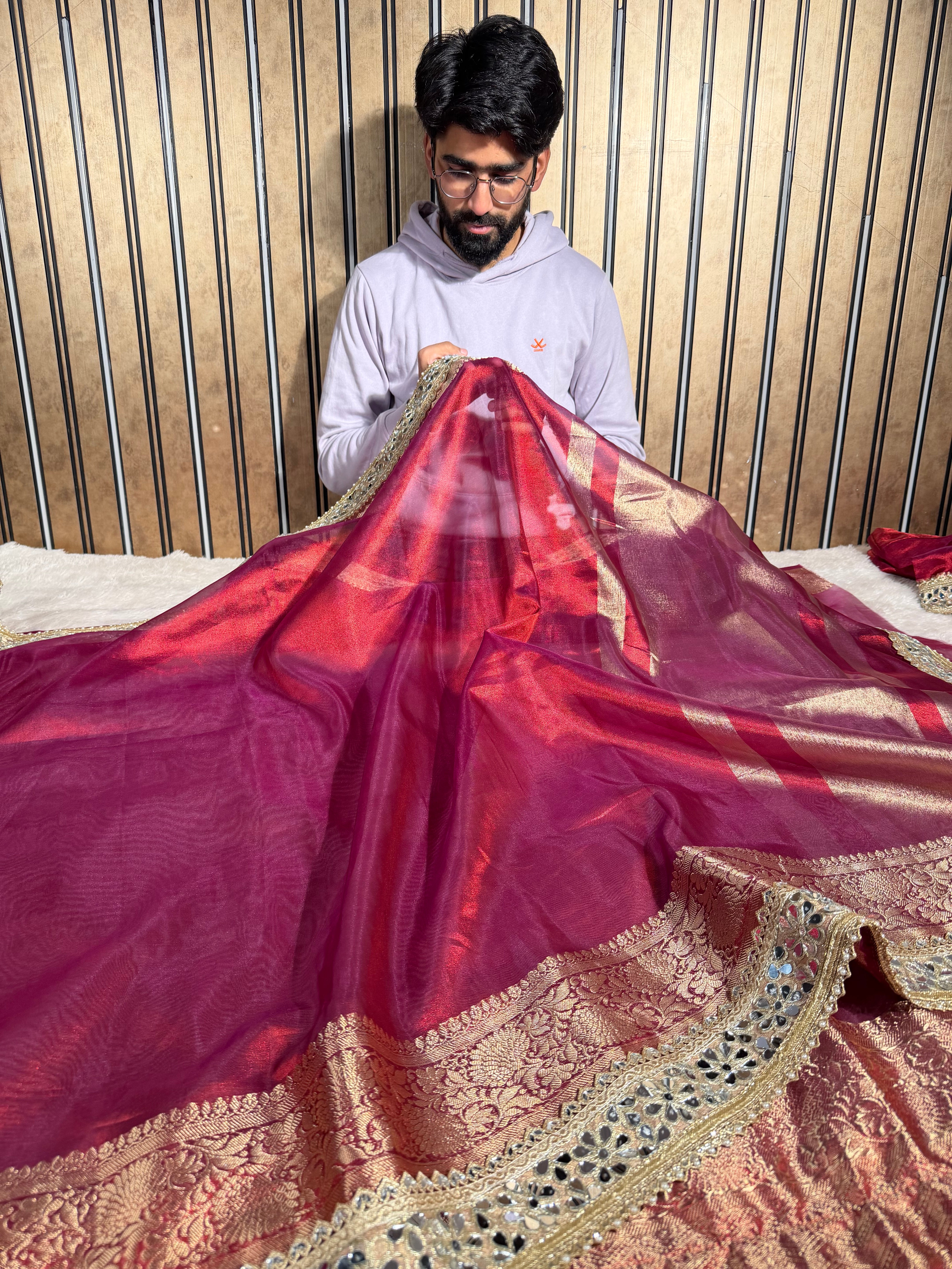 Metallic Red Bridal Tissue Mirror Work Saree