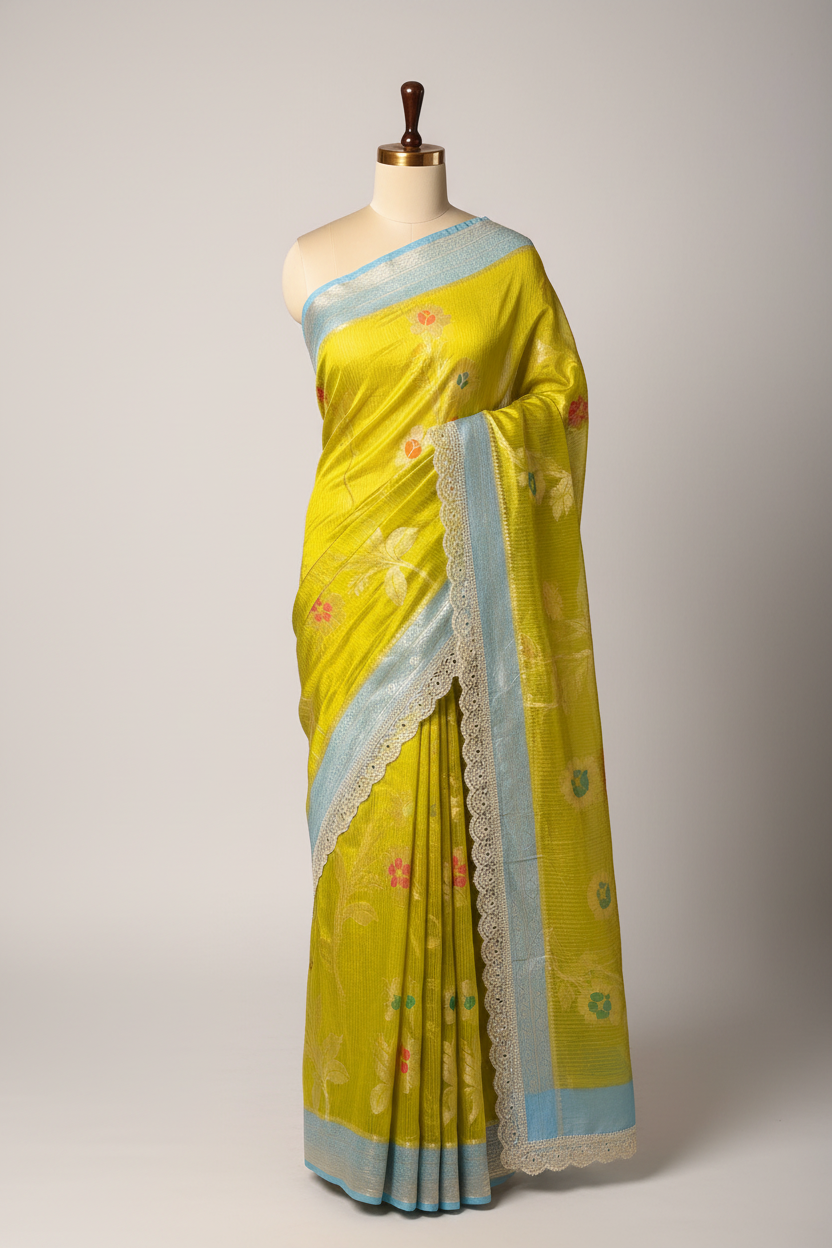 Green Firozi Premium Dupion Silk Lace Work Banarasi Saree
