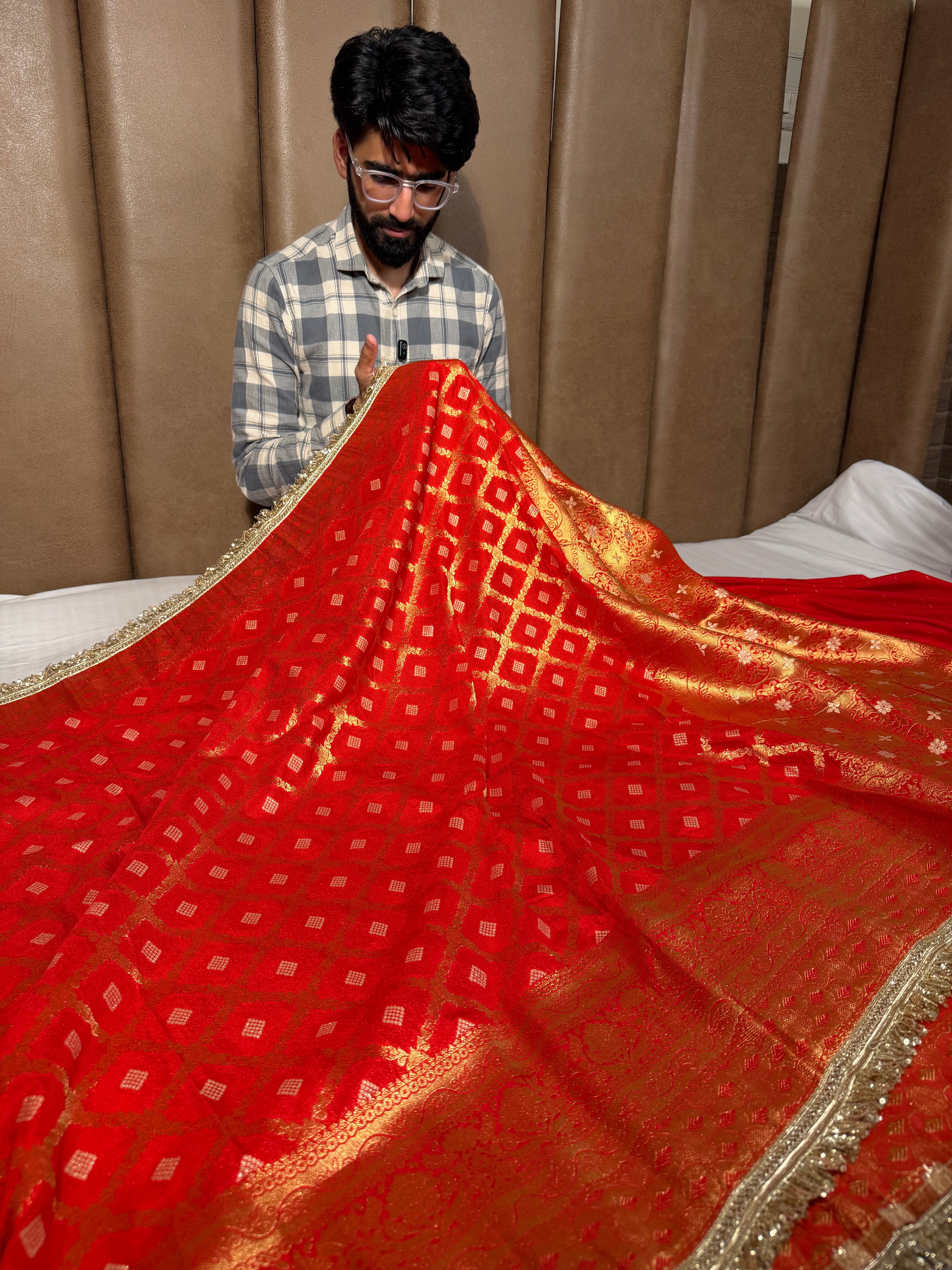 Bridal Red Chiniya Silk Lace Attached Banarasi Saree