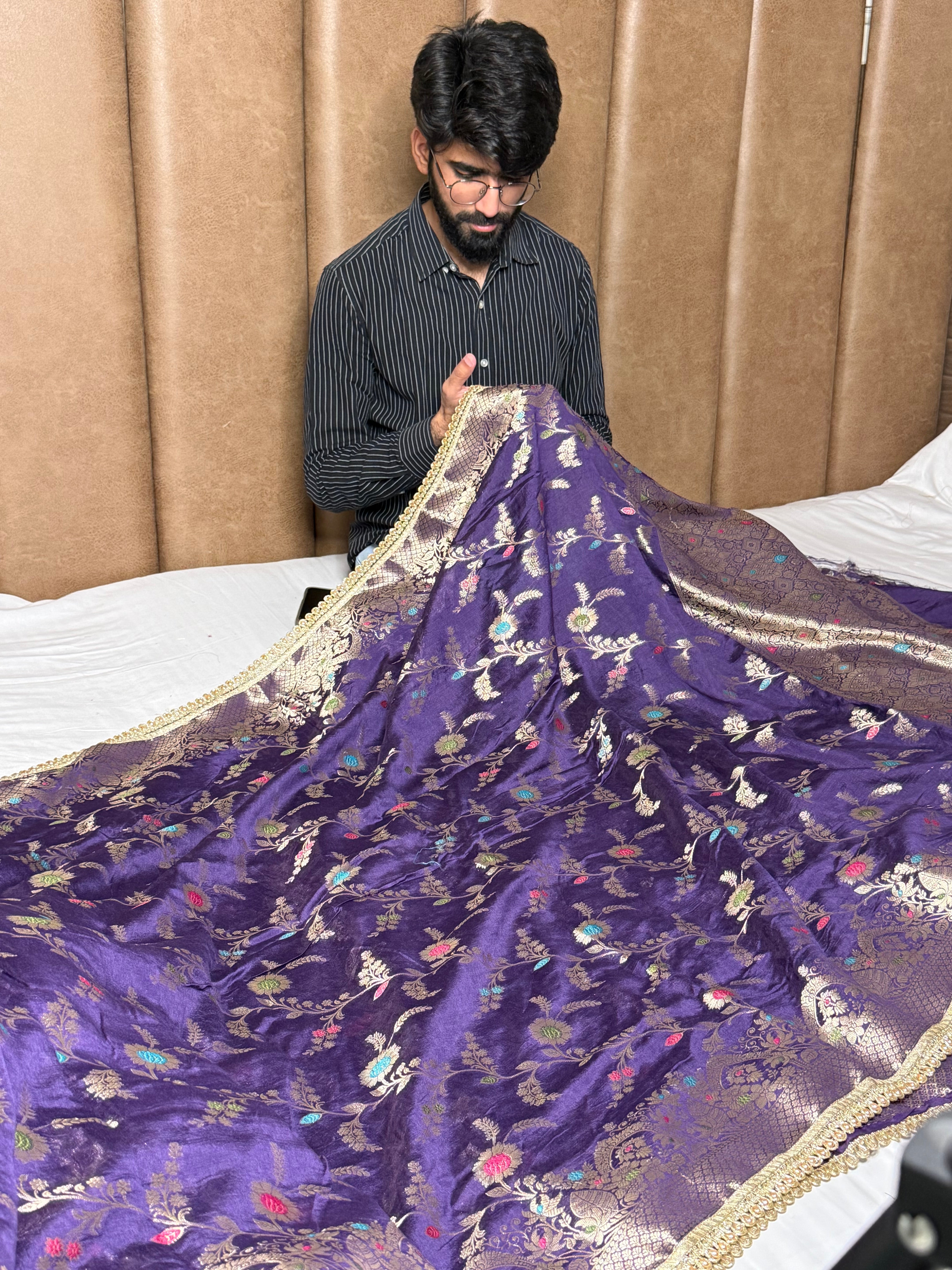 Light Purple Premium Dupion Silk Lace Work Banarasi Saree