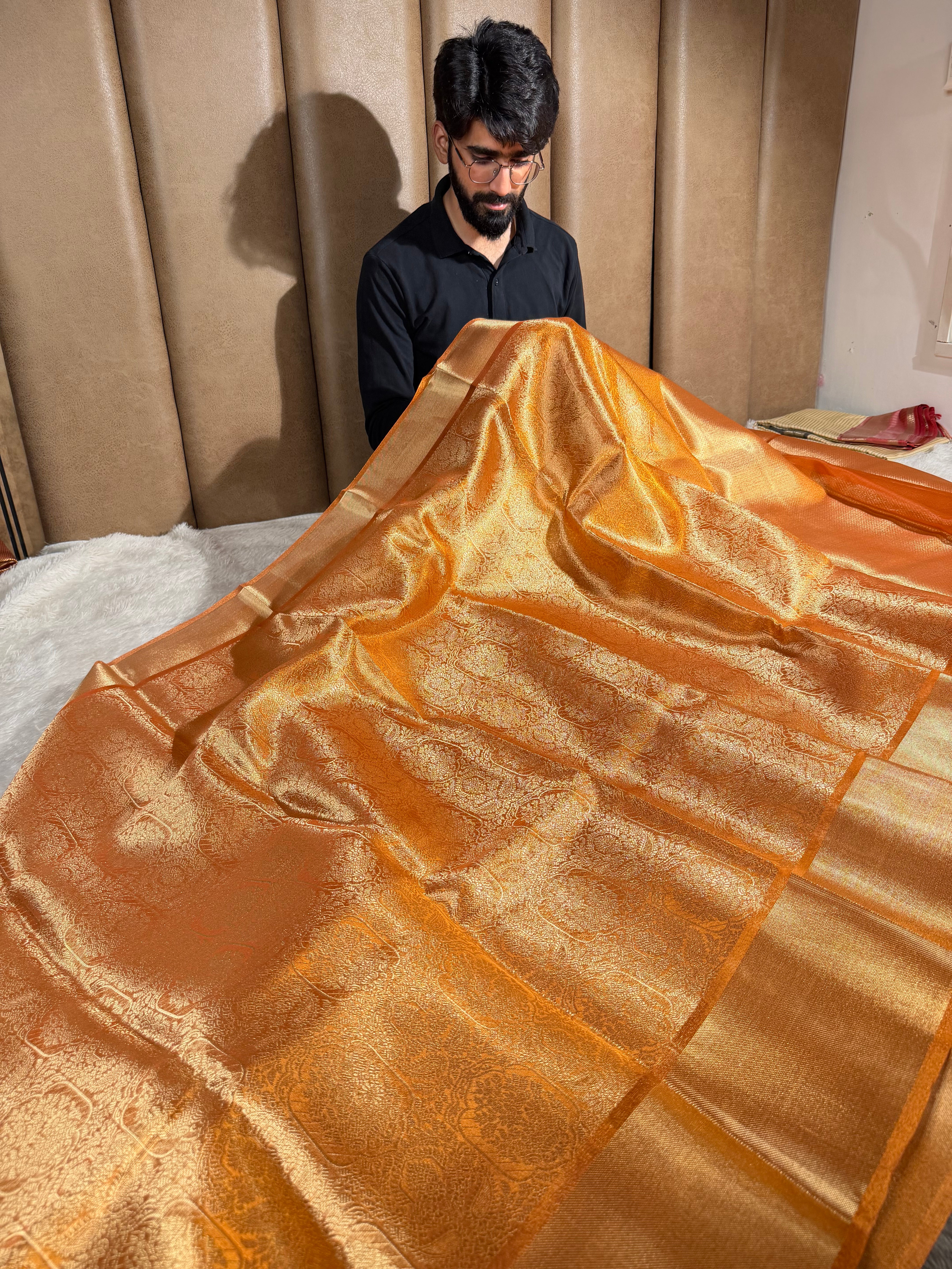Metallic Orange Kanjivaram Brocade Tissue Saree