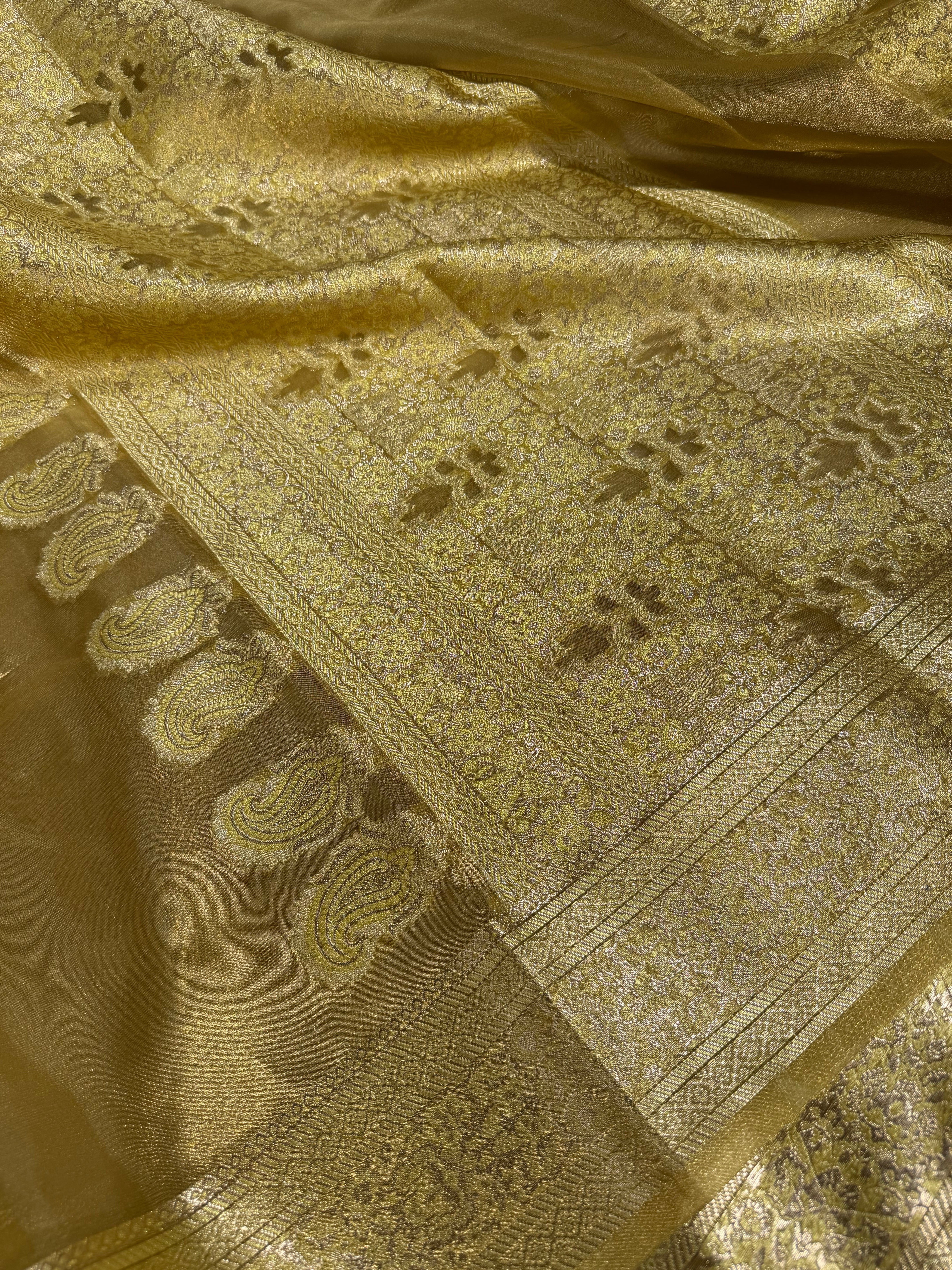 Dhoop Chaon Mustard Gold Soft Tissue Silk Banarasi Saree