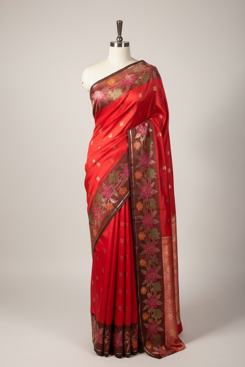 Bridal Red Floral Border Soft Banarasi Silk Saree
