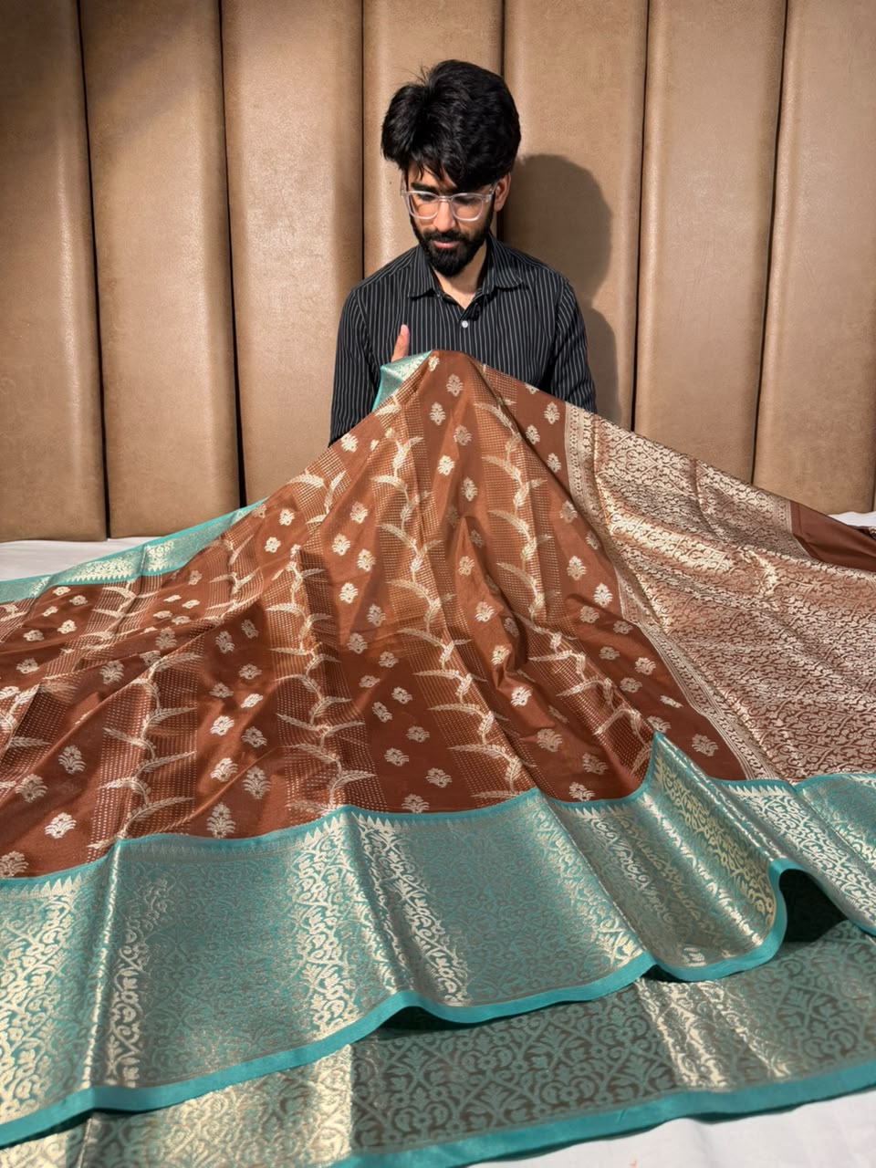 Light Brown Embossed Weave Soft Banarasi Silk Saree