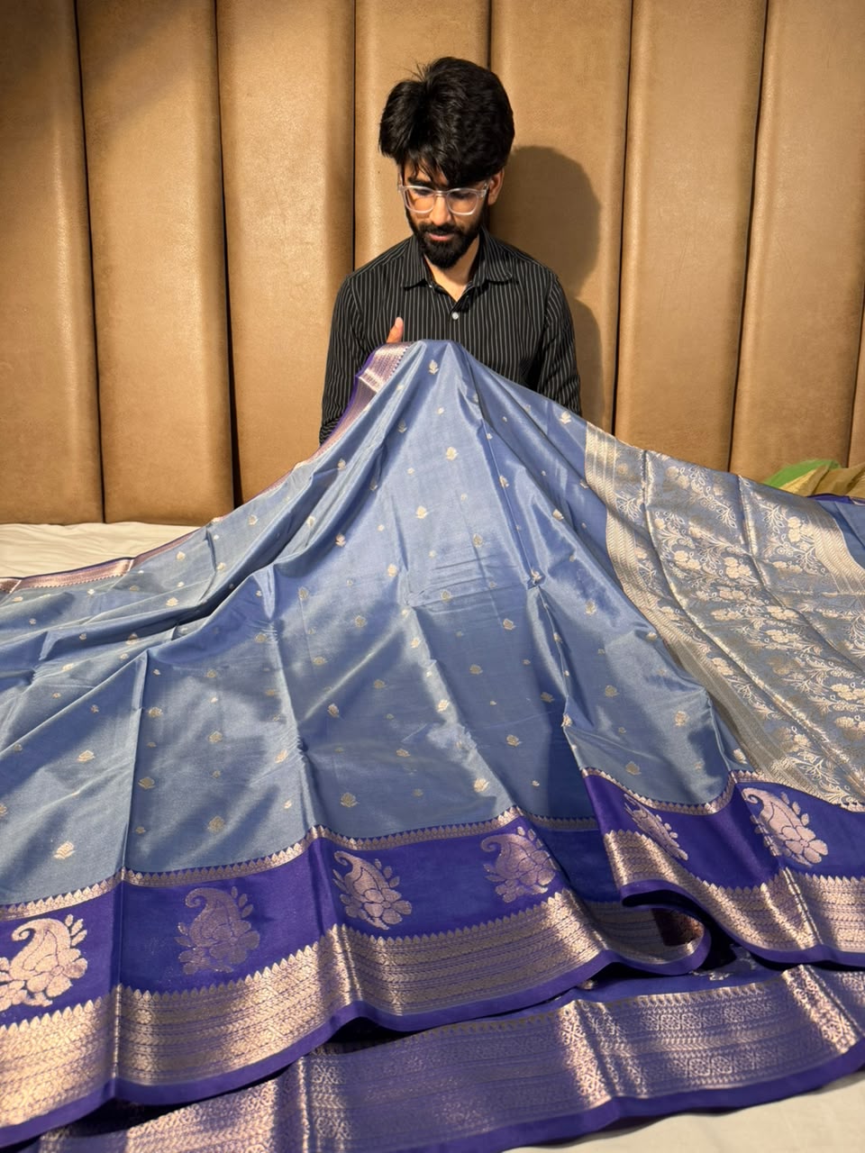Powder Blue Contemperory Weave Soft Banarasi Silk Saree