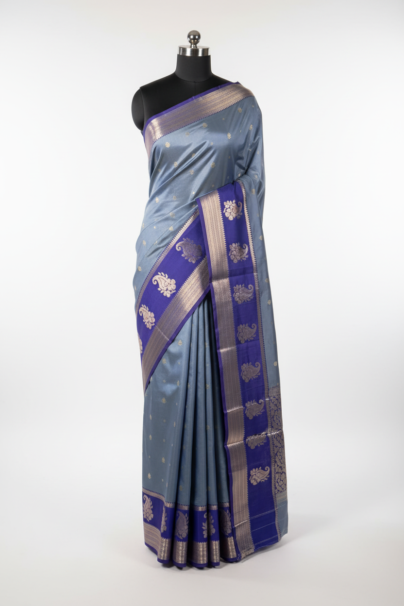 Powder Blue Contemperory Weave Soft Banarasi Silk Saree