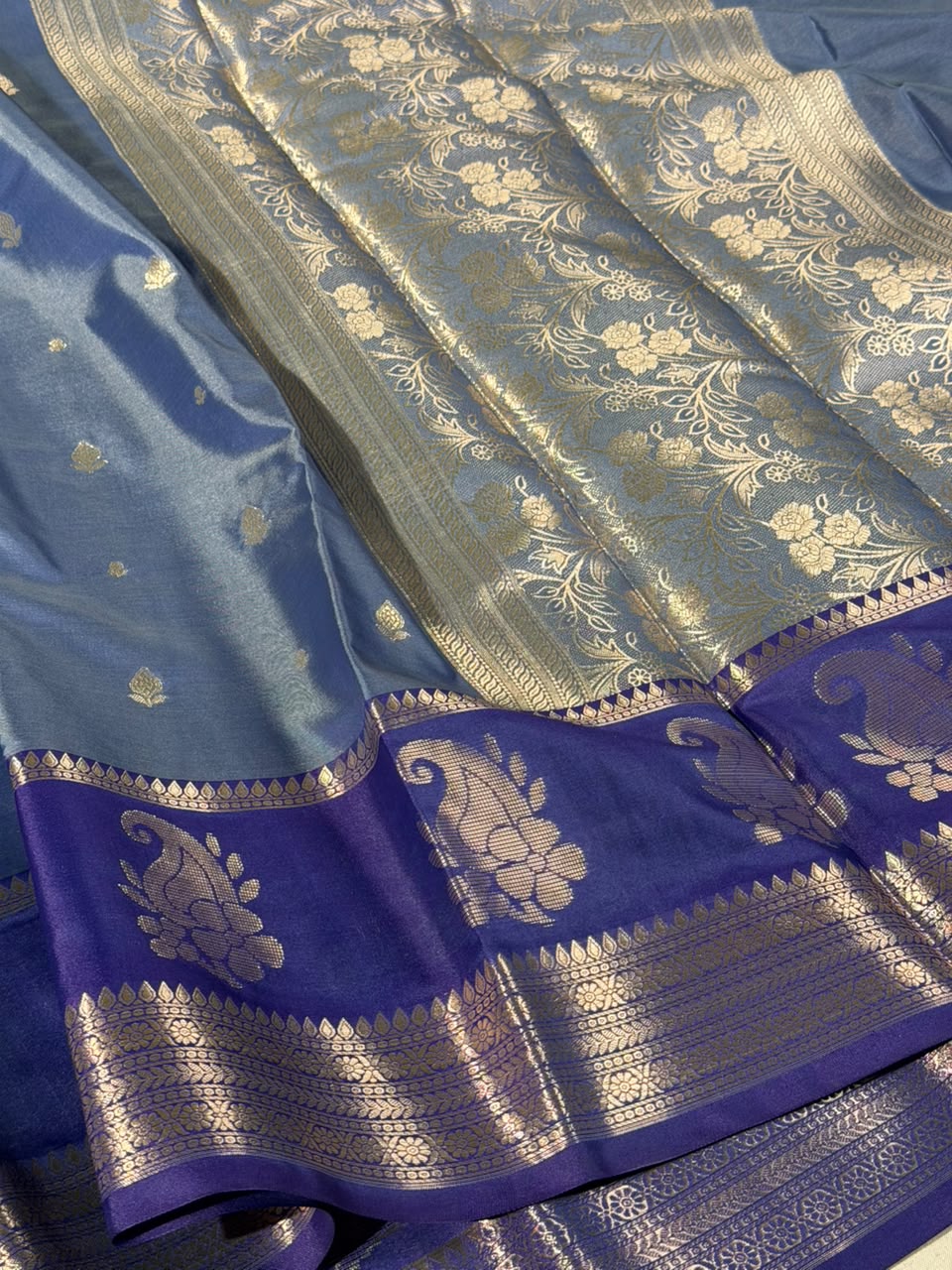 Powder Blue Contemperory Weave Soft Banarasi Silk Saree