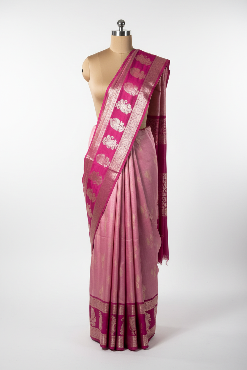 Baby Pink Zari Buta Soft Banarasi Silk Saree