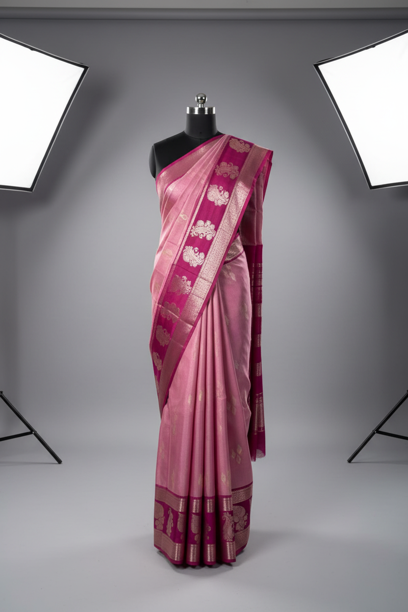 Baby Pink Zari Buta Soft Banarasi Silk Saree