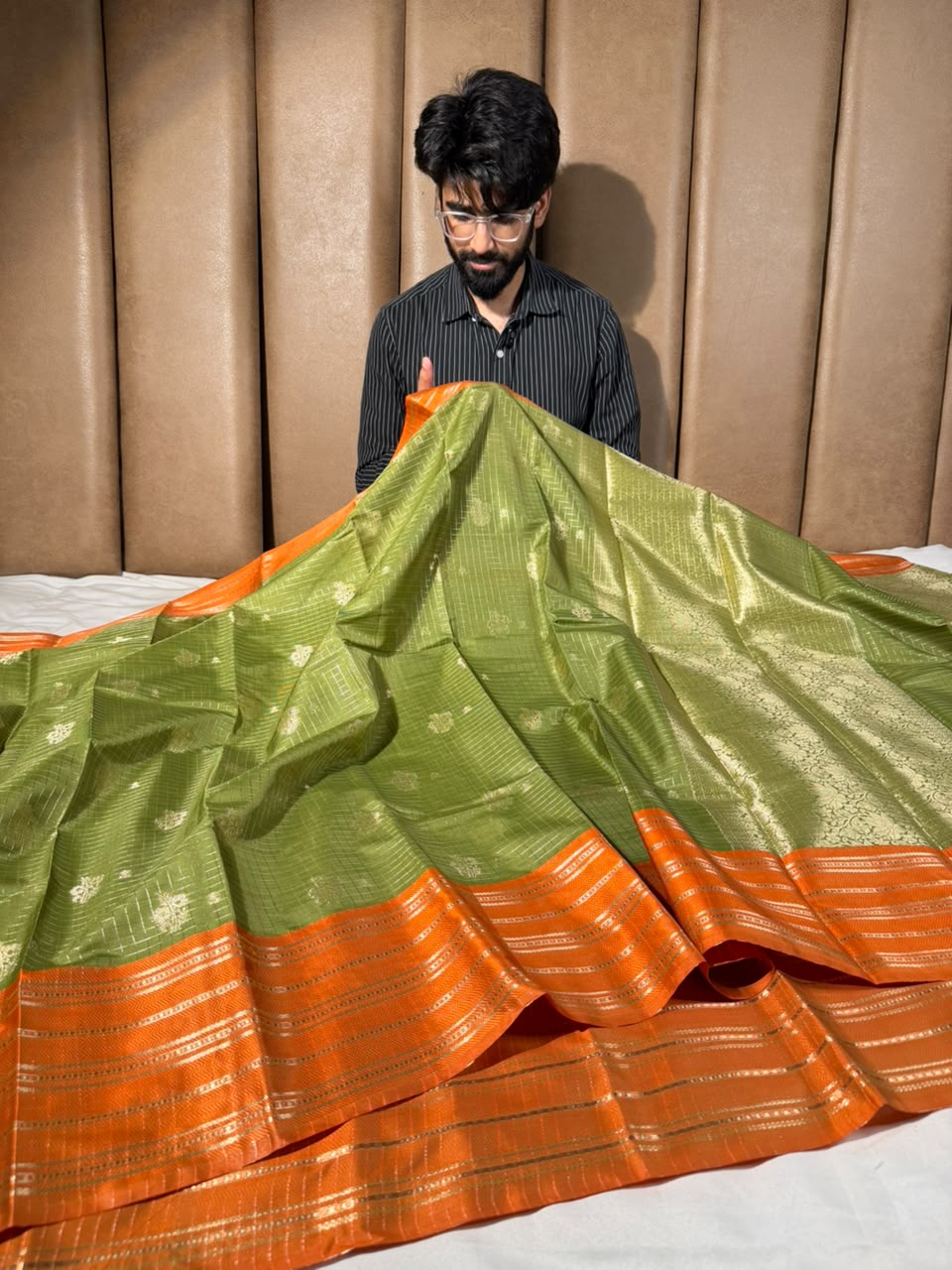 Mehendi Green Checks Buta Soft Banarasi Silk Saree