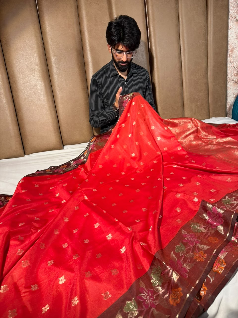 Bridal Red Floral Border Soft Banarasi Silk Saree