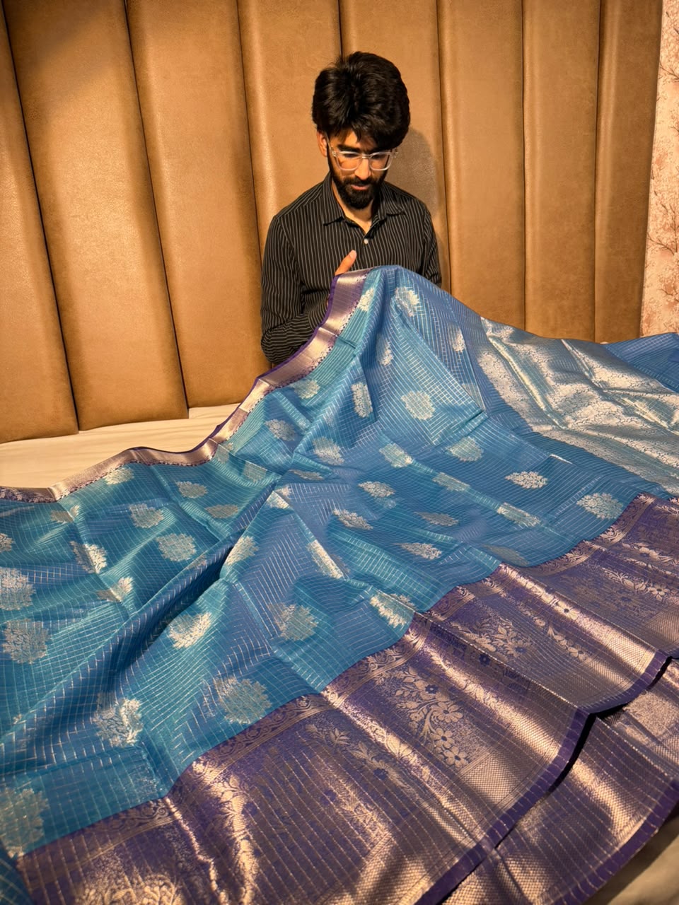 Light Blue Checks Buta Soft Banarasi Silk Saree