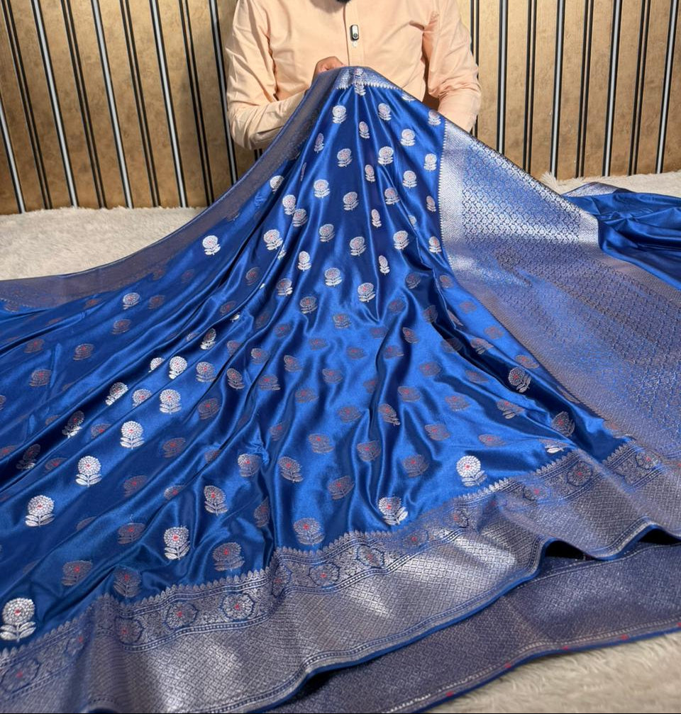 Dark Blue Mashru Katan Silk Meenakari Banarasi Saree