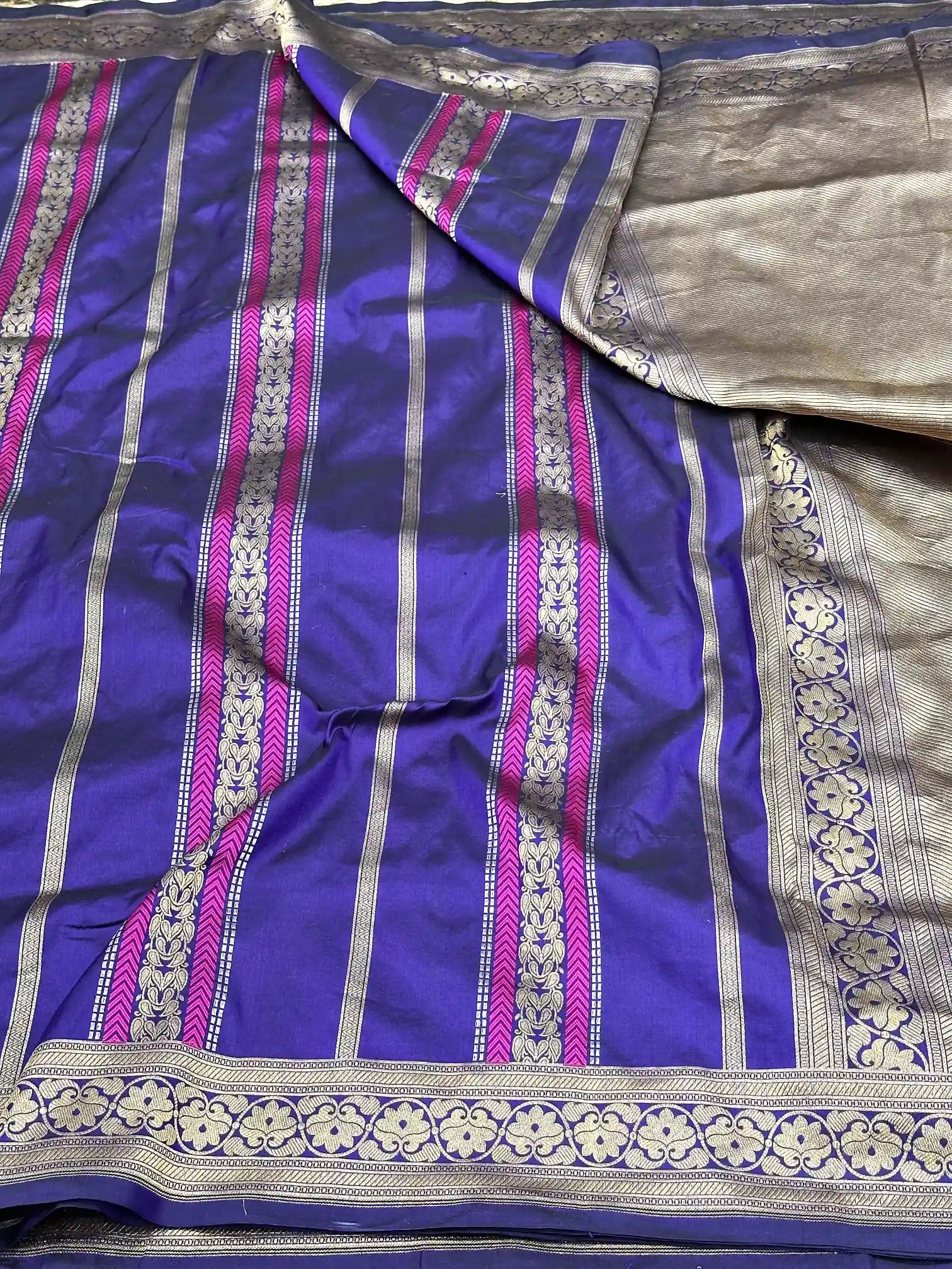Dark Blue Pure Katan Silk Banarasi Saree with Intricate Meenakari