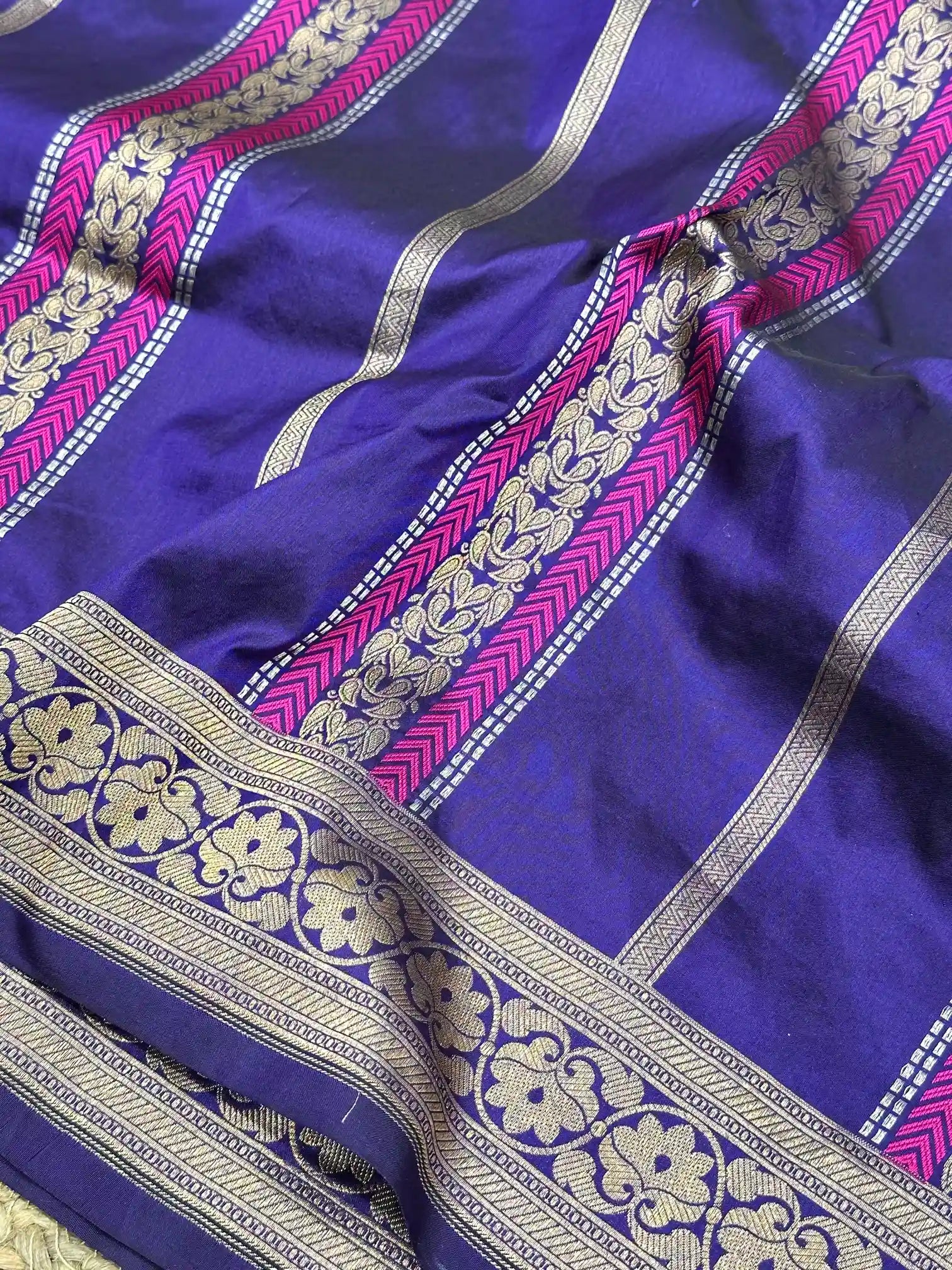 Dark Blue Pure Katan Silk Banarasi Saree with Intricate Meenakari