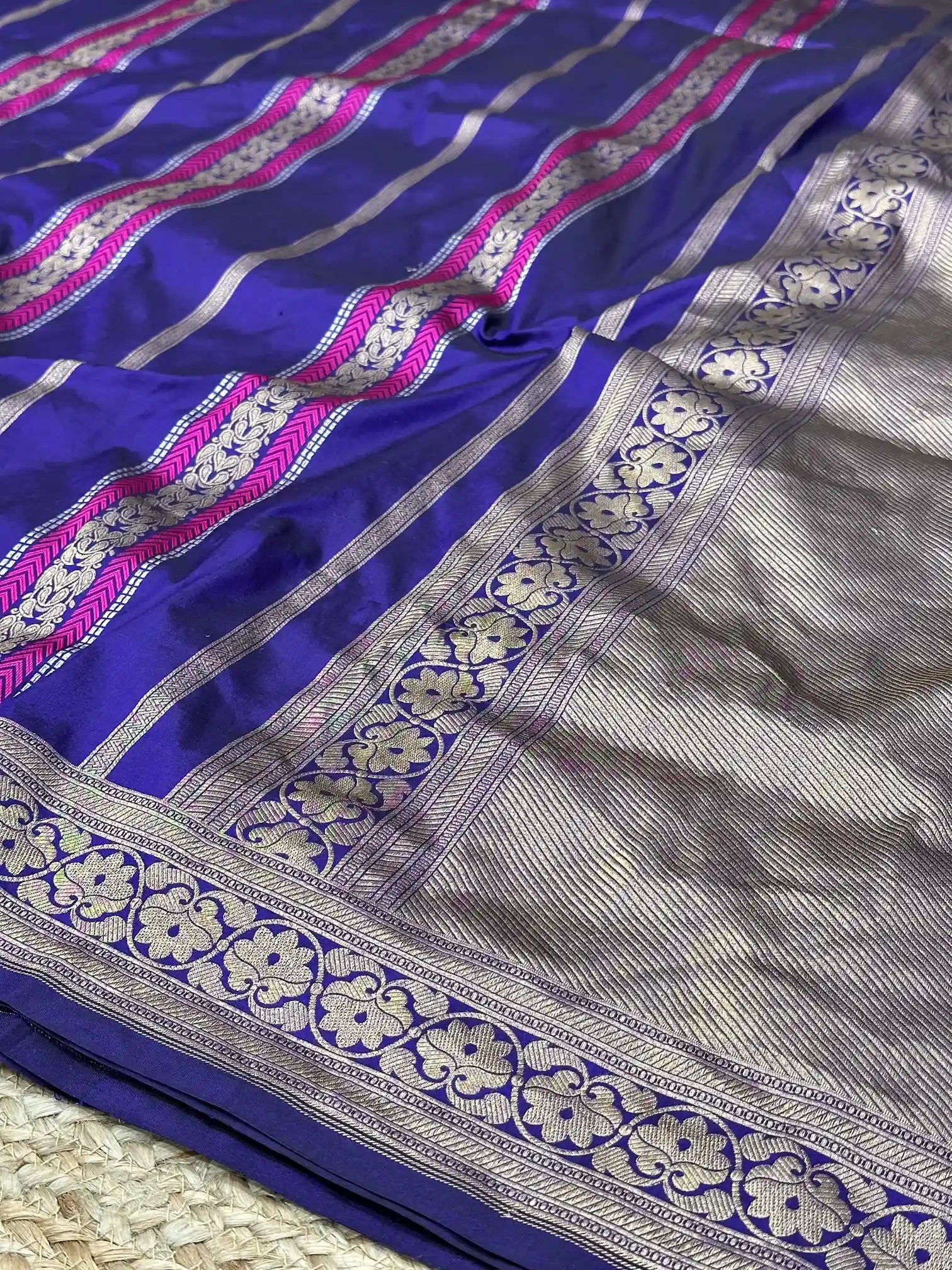 Dark Blue Pure Katan Silk Banarasi Saree with Intricate Meenakari