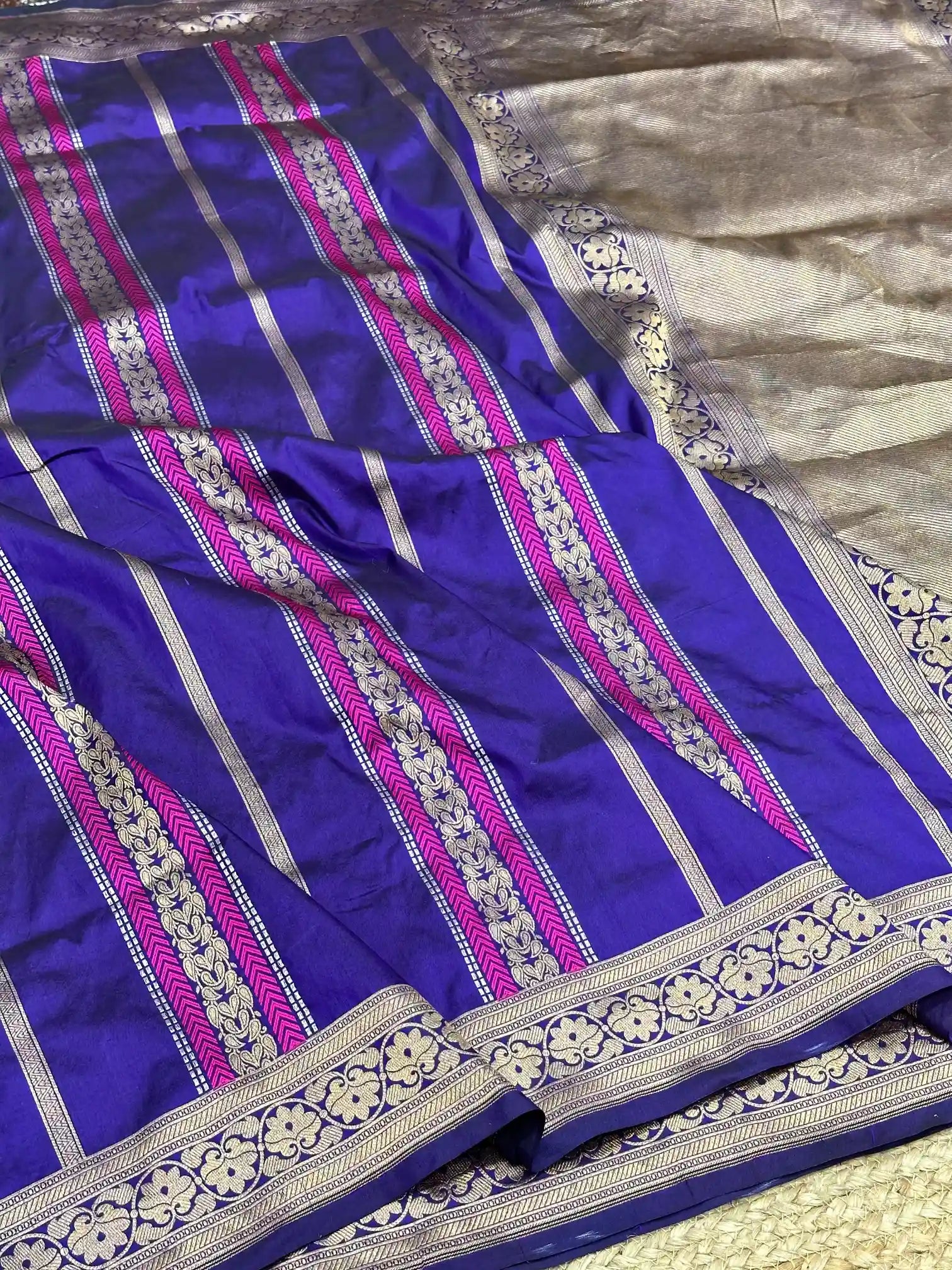 Dark Blue Pure Katan Silk Banarasi Saree with Intricate Meenakari