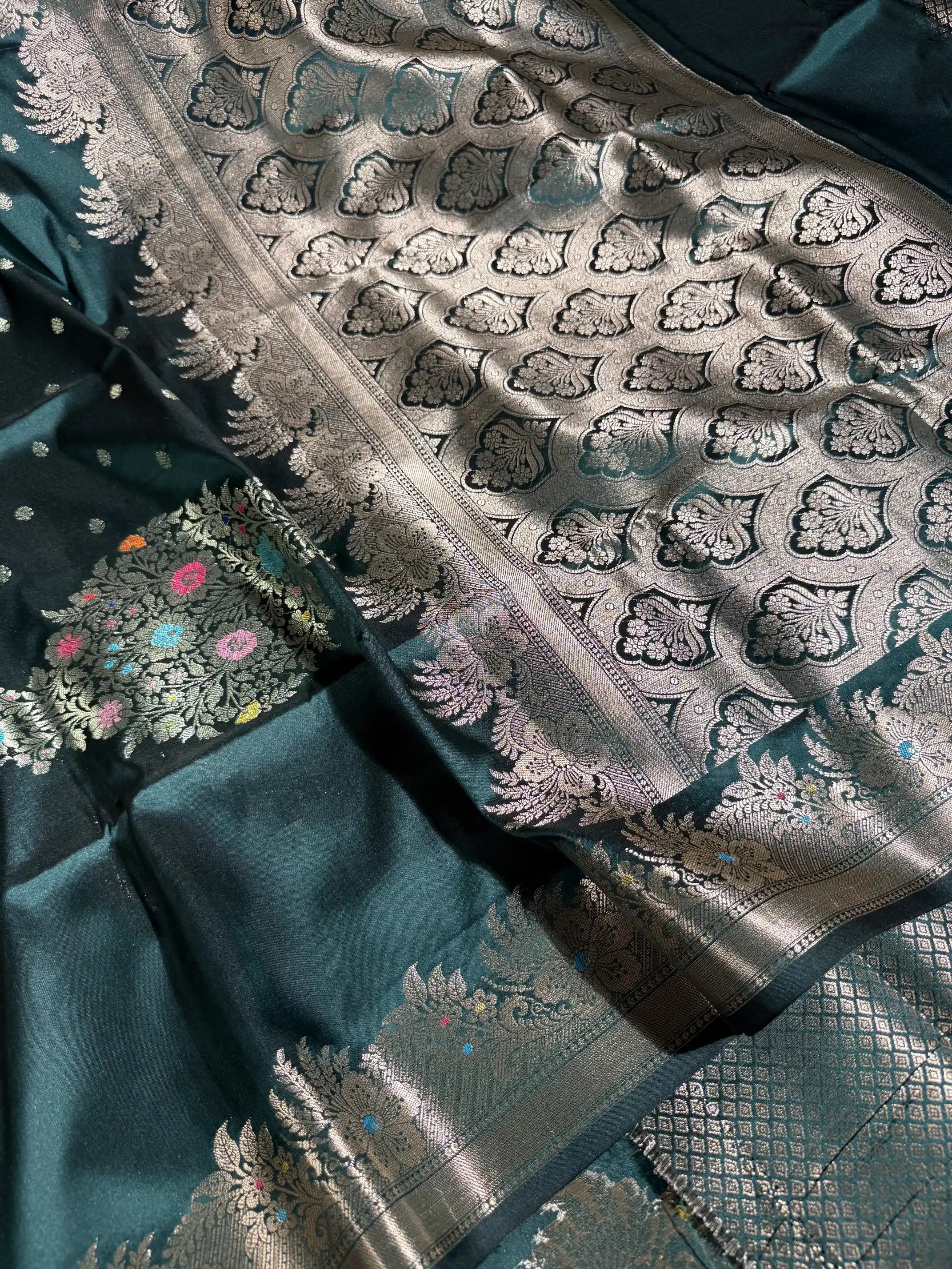 Dark Bottle Green Semi Katan Silk Floral Meenakari Banarasi Saree