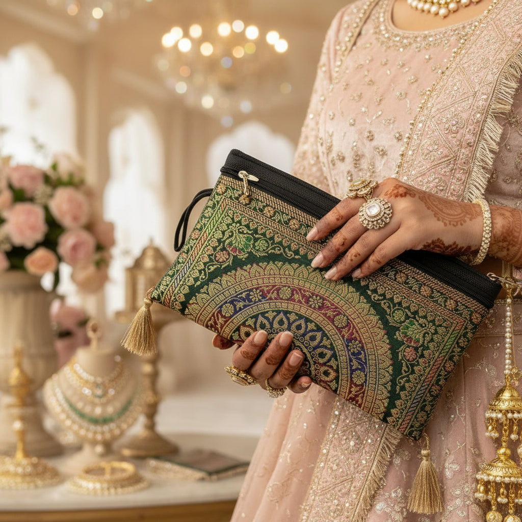 Dark Bottle Green Shade Handmade Banarasi Women Wallet