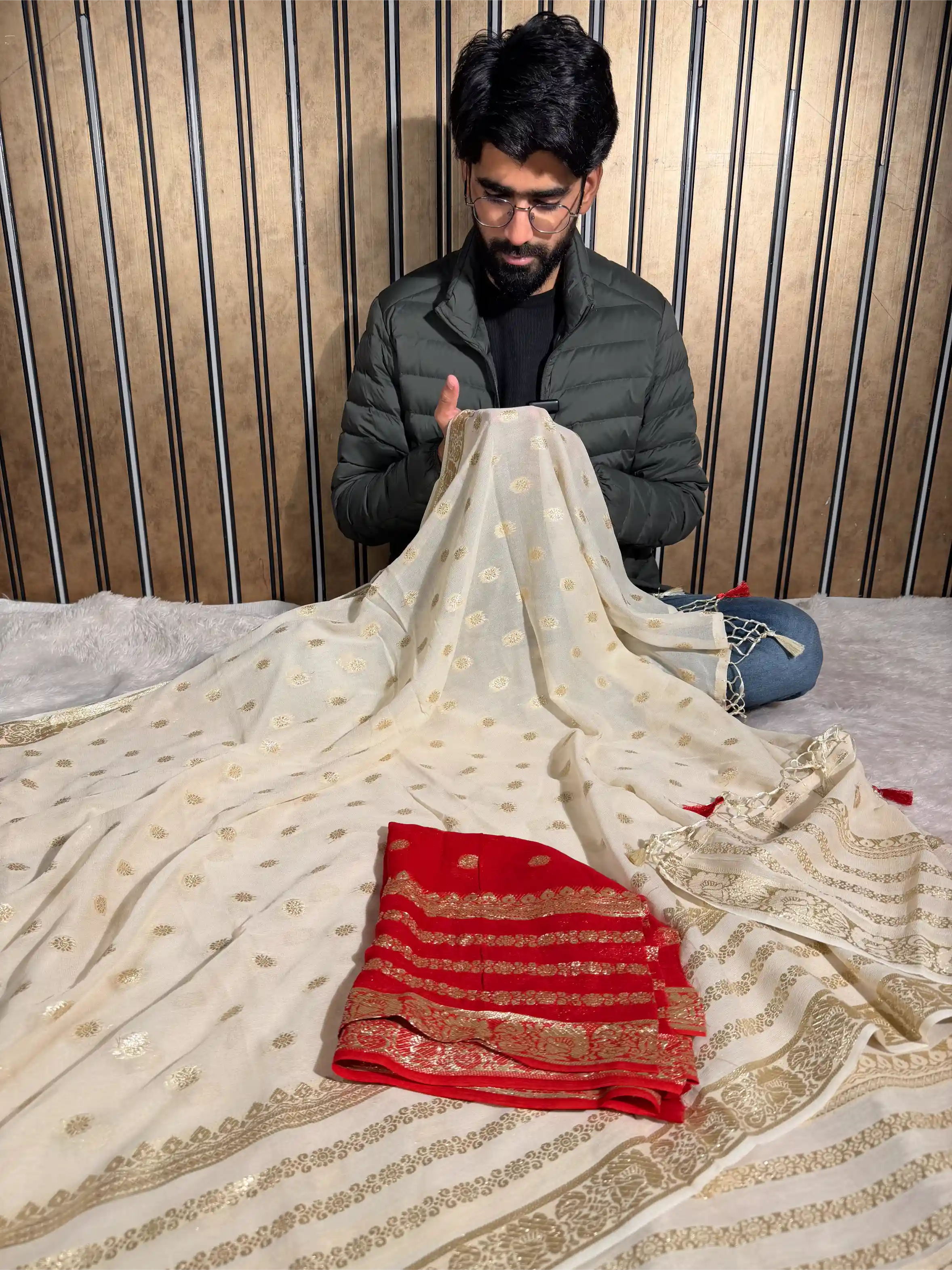 Dark Cream Viscose Georgette Silk Saree