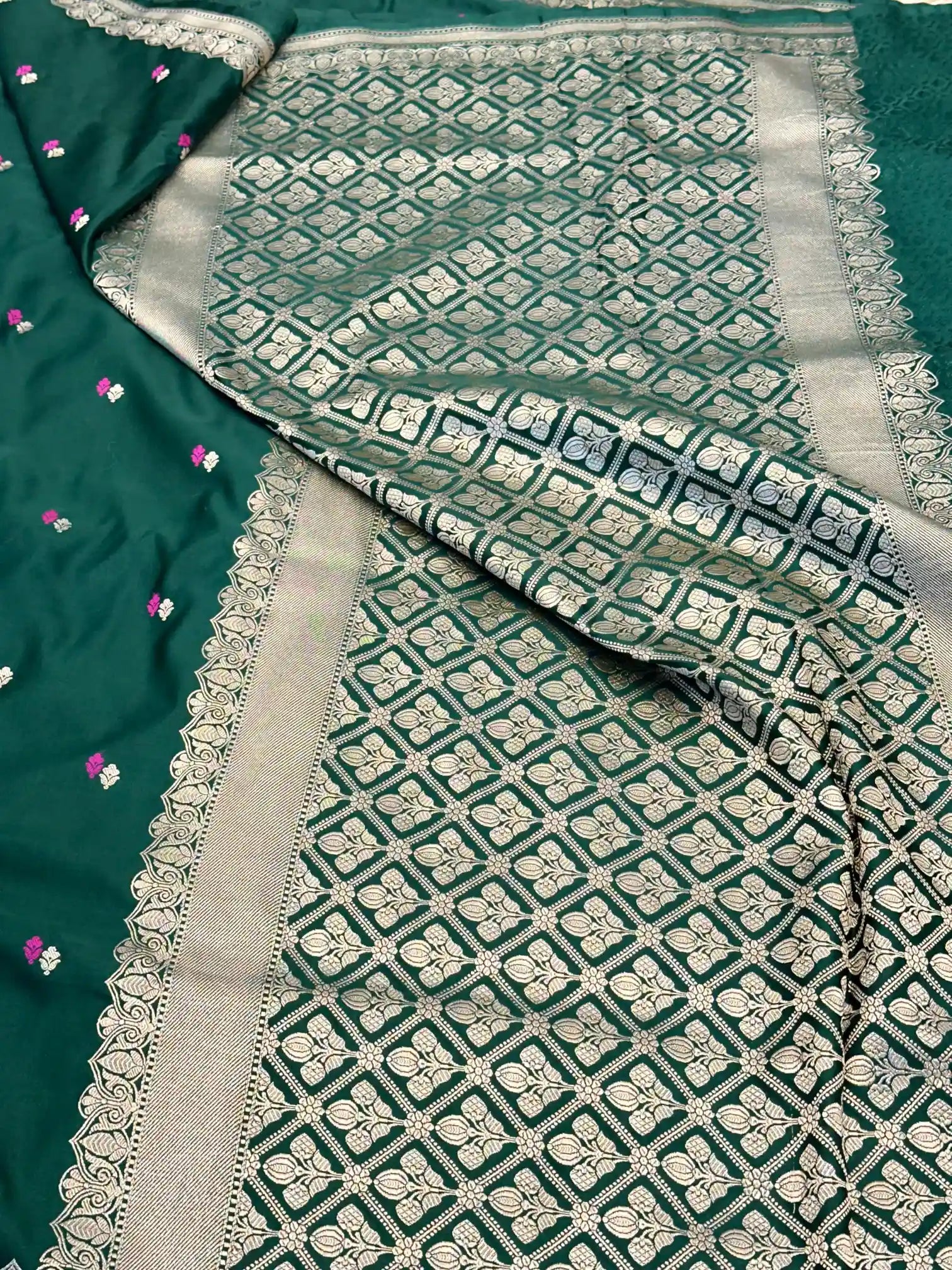 Dark Green Pretty Motifs Weave Mashru Silk Saree