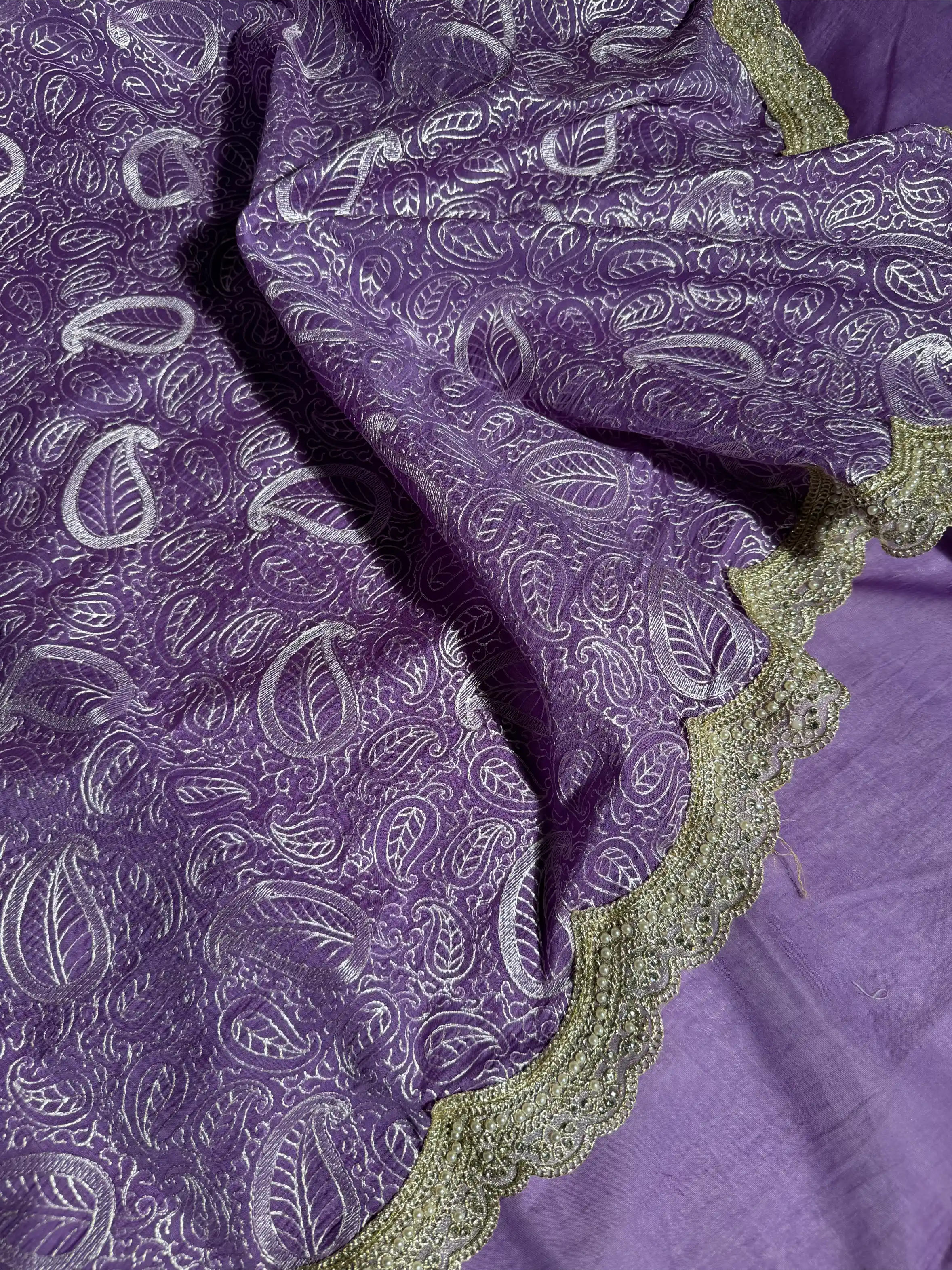 Dark Lavender Mul Chanderi Silk Chikankari Embroidered Banarasi Saree