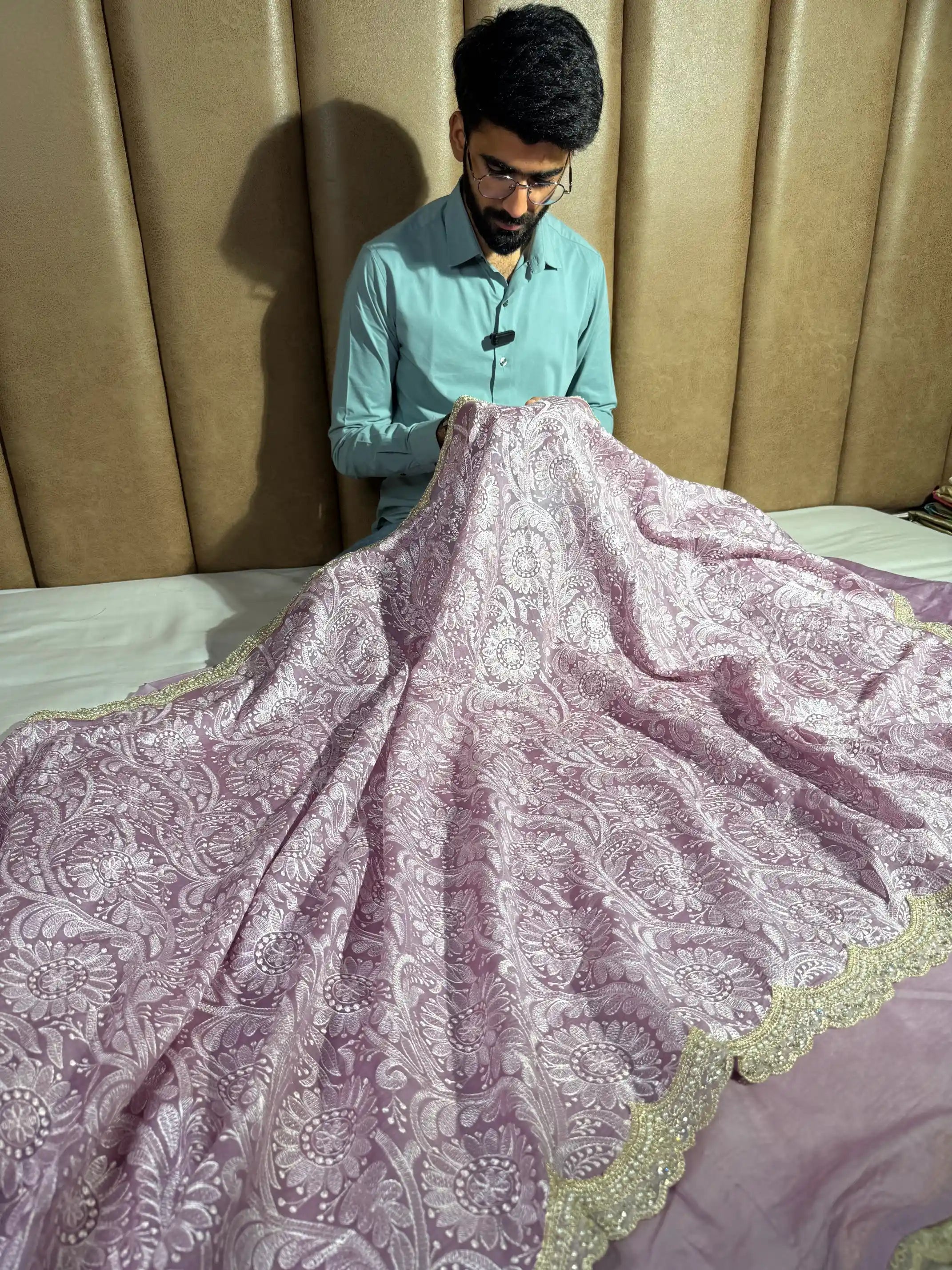 Dark Lavender Pure Mul Chanderi Chikankari Work Banarasi Saree