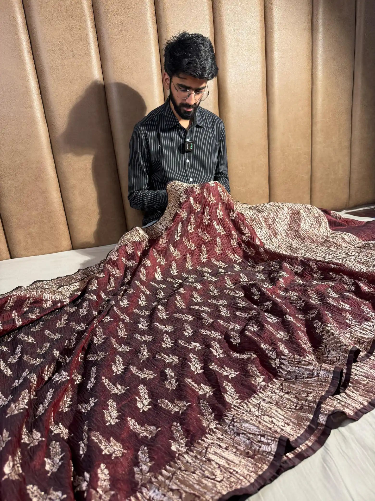 Dark Maroon Crepe Georgette Vertical Crush Concept Banarasi Saree