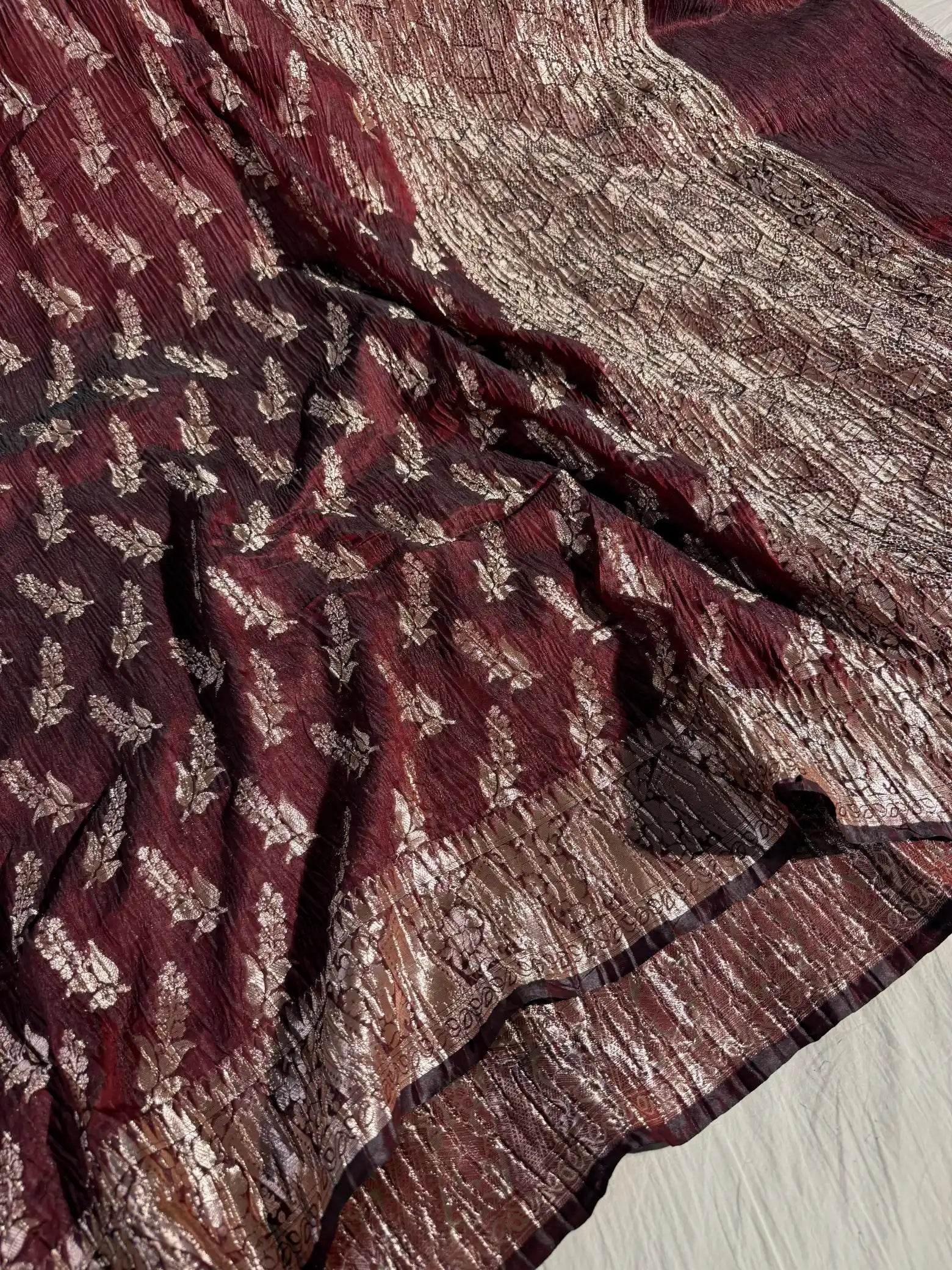 Dark Maroon Crepe Georgette Vertical Crush Concept Banarasi Saree