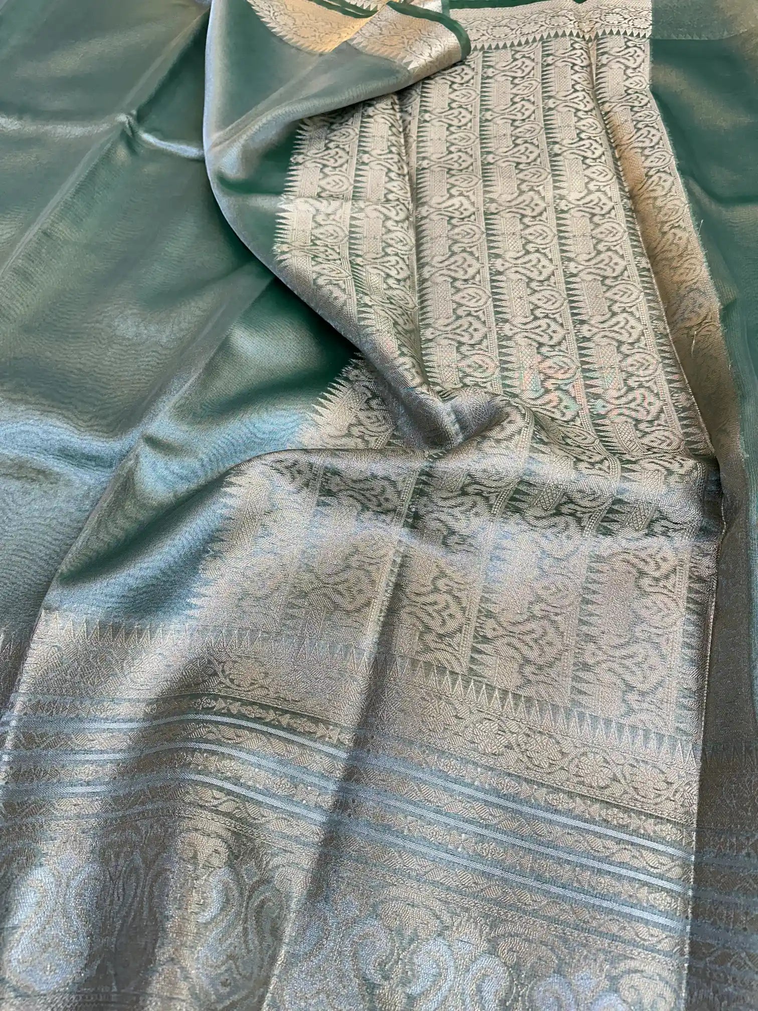 Dark Mint Green Glass Tissue Silk Banarasi Saree