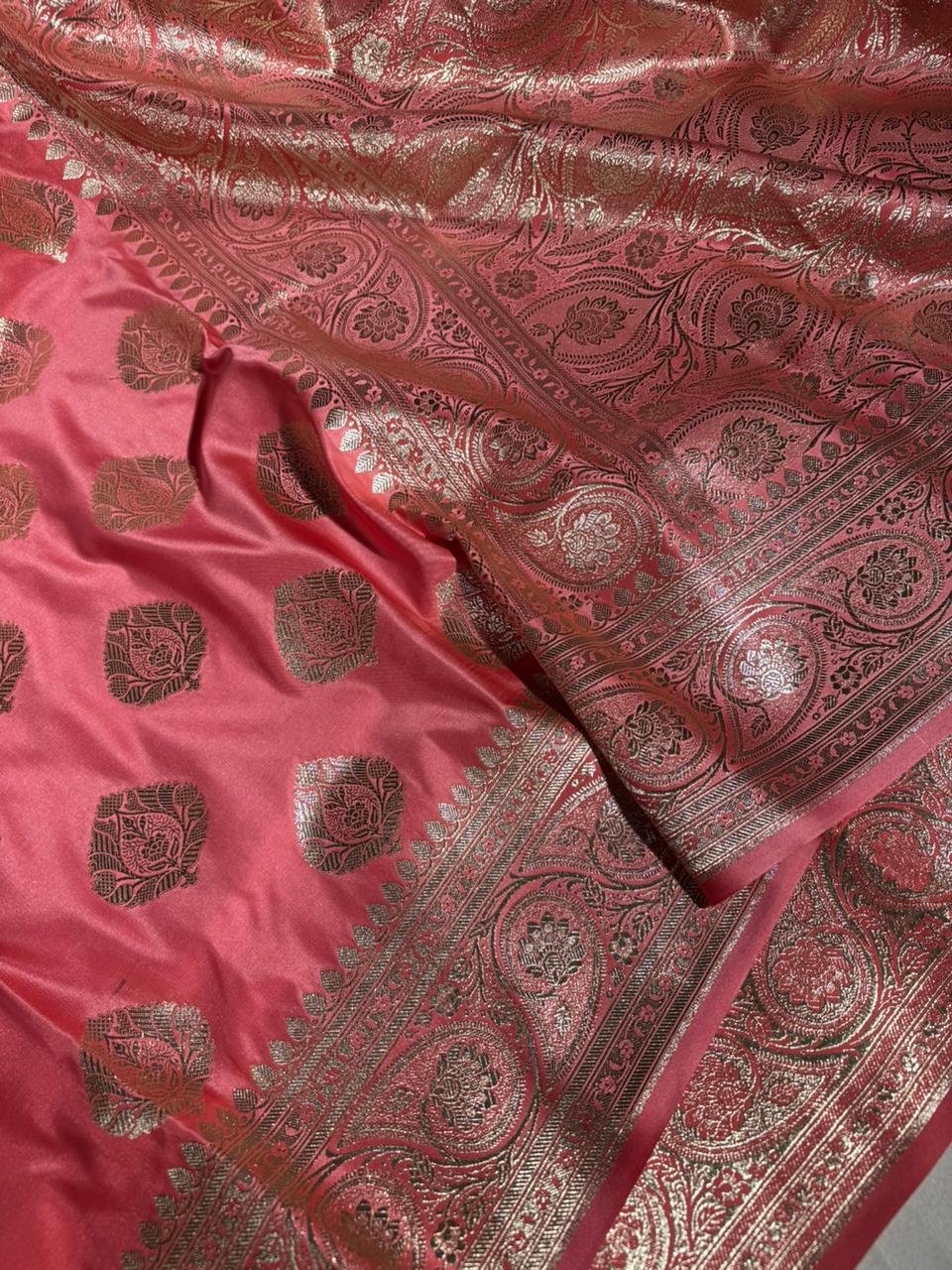 Dark Pastel Peach Satin Silk Traditional Zari Buta Weave Saree