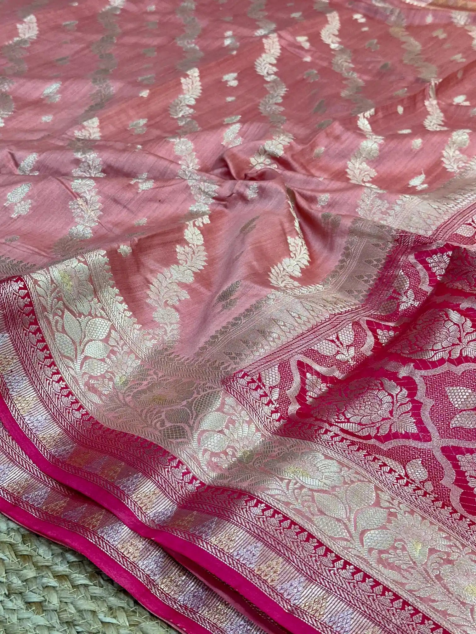 Dark Peach Pure Chiniya Silk Leheriya Pattern Banarasi Saree