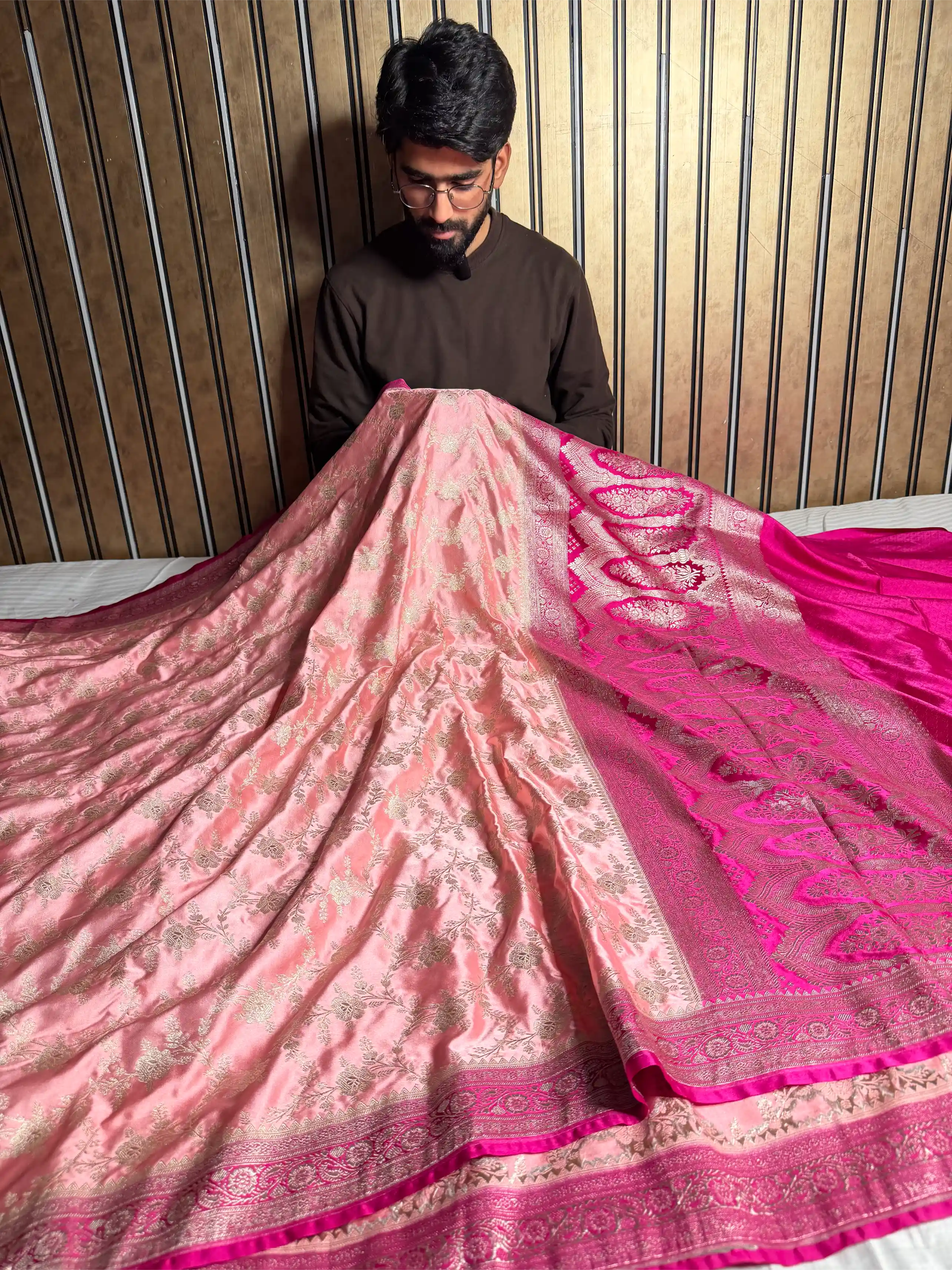 Dark Peach Mashru Katan Silk Leheriya Banarasi Saree