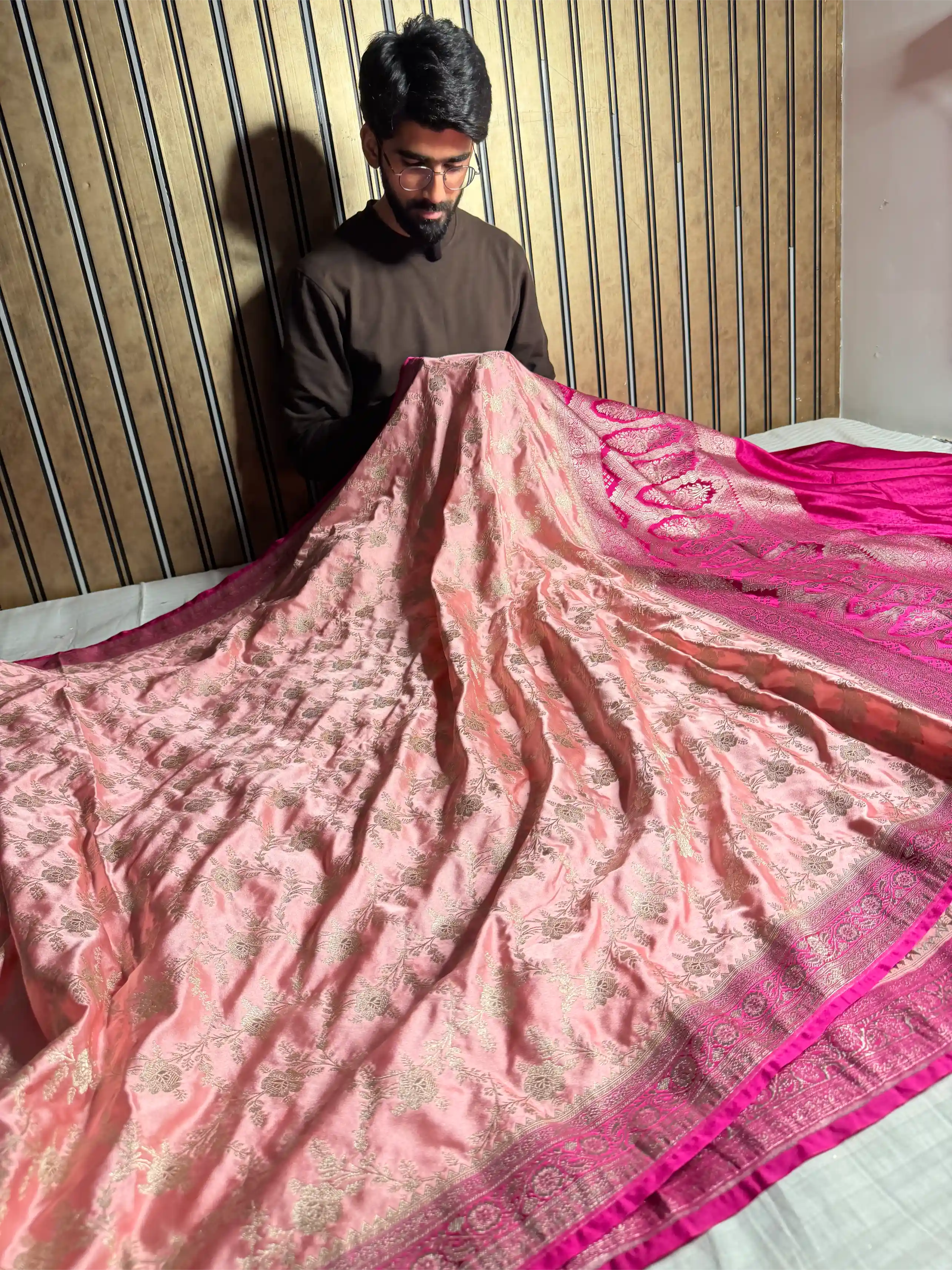 Dark Peach Mashru Katan Silk Leheriya Banarasi Saree