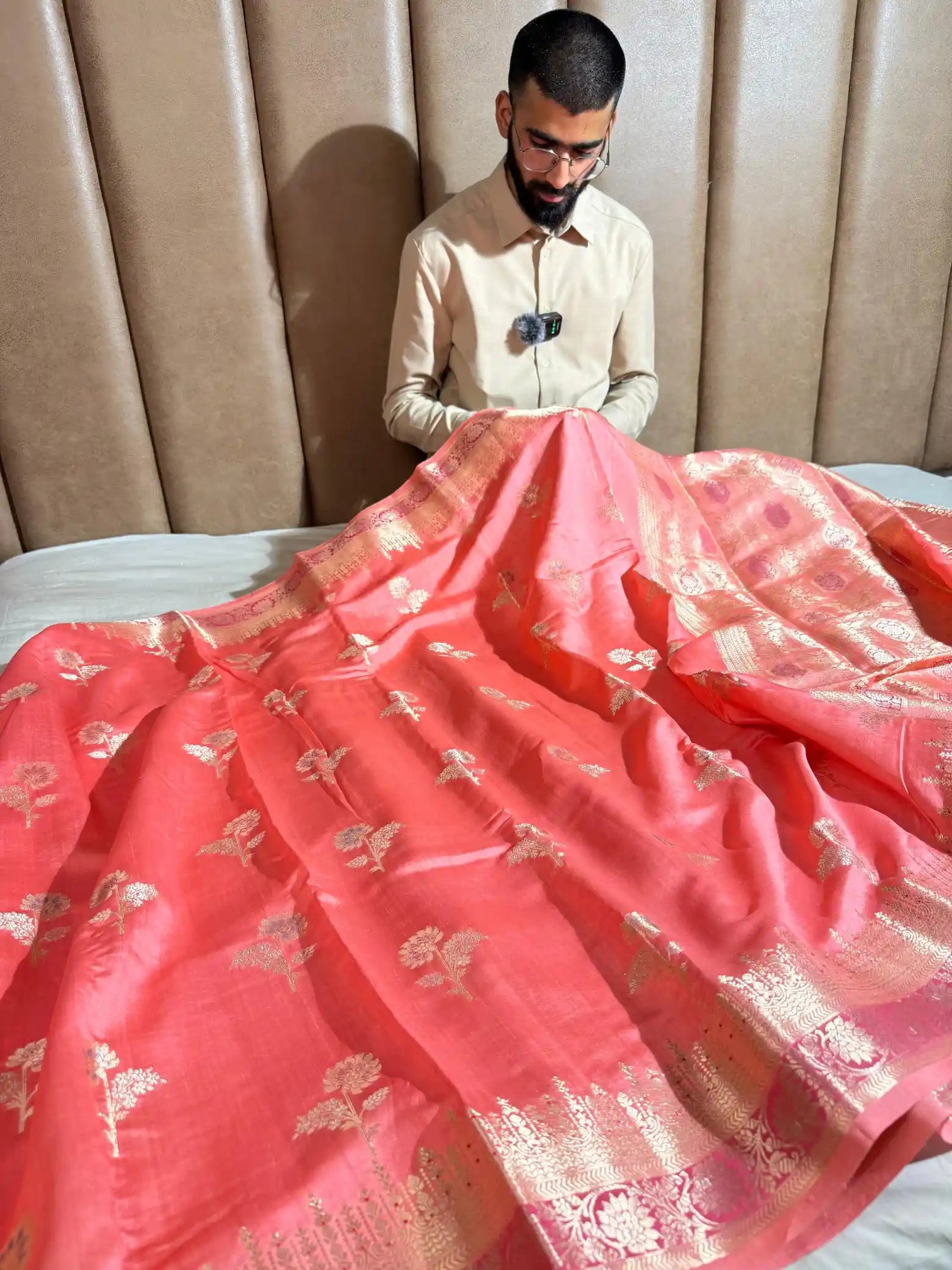 Dark Peach Pure Chiniya Silk Intricate Meenakari Buta Banarasi Saree