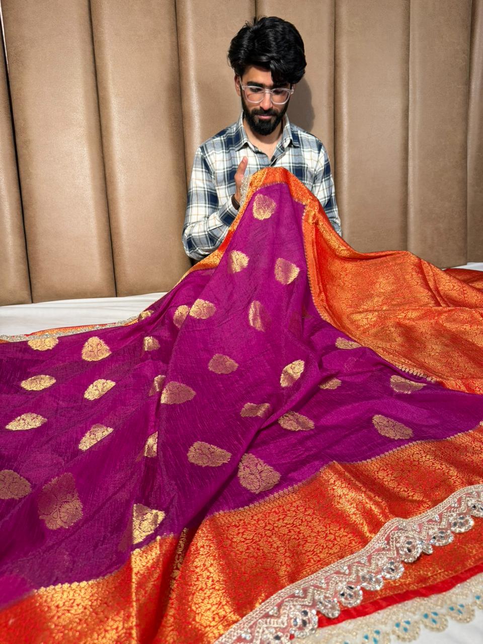 Dark Purple Matka Silk Pearl Lace Work Saree