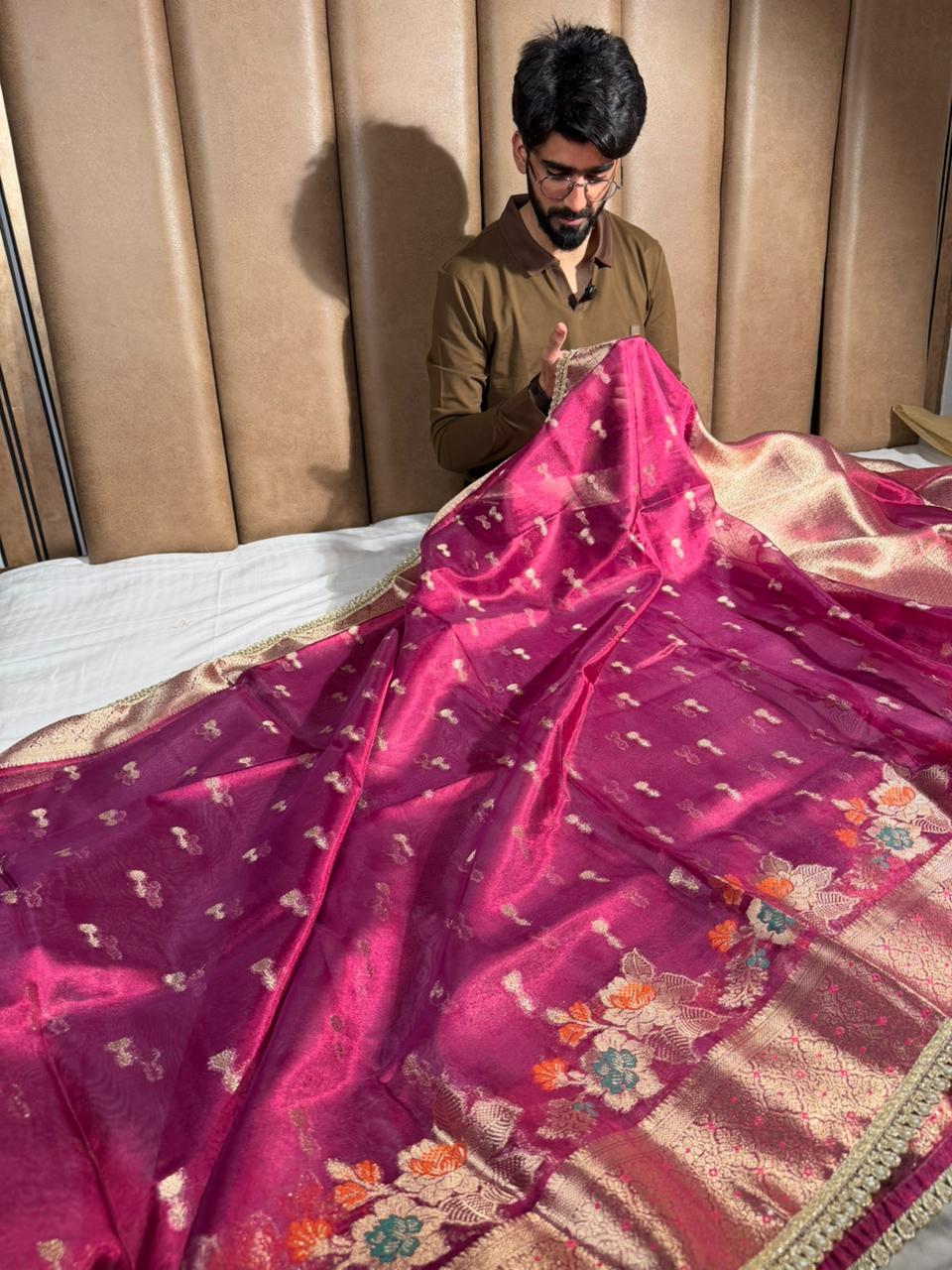 Dark Rani Kora tissue silk designer Banarasi Saree