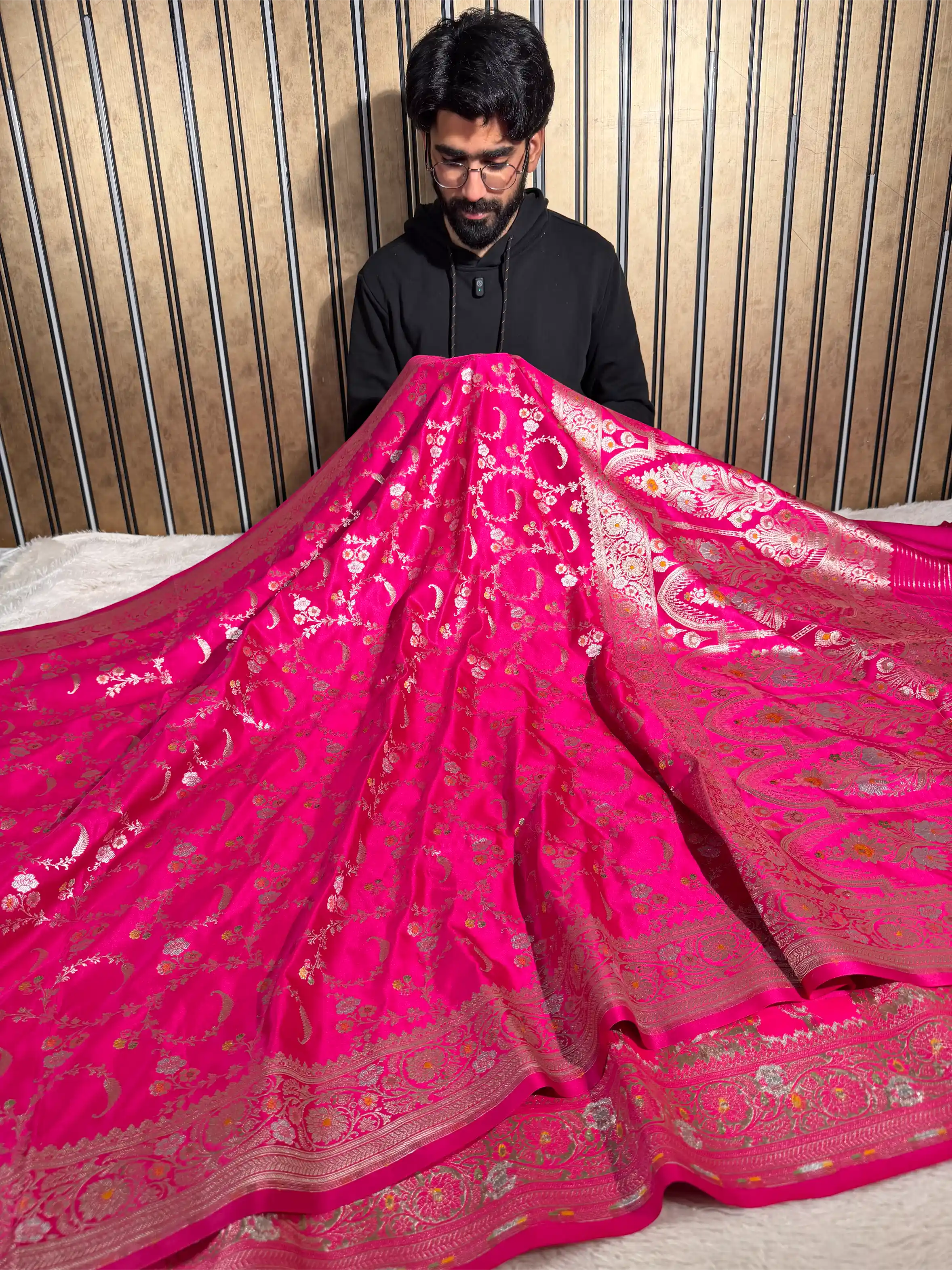 Dark Rani Mashru Katan Silk Meenakari Floral Weave Banarasi Saree