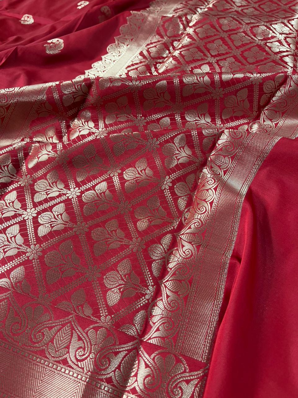 Dark Red Banarasi Semi Katan Silk Saree with Rich Pallu and Blouse