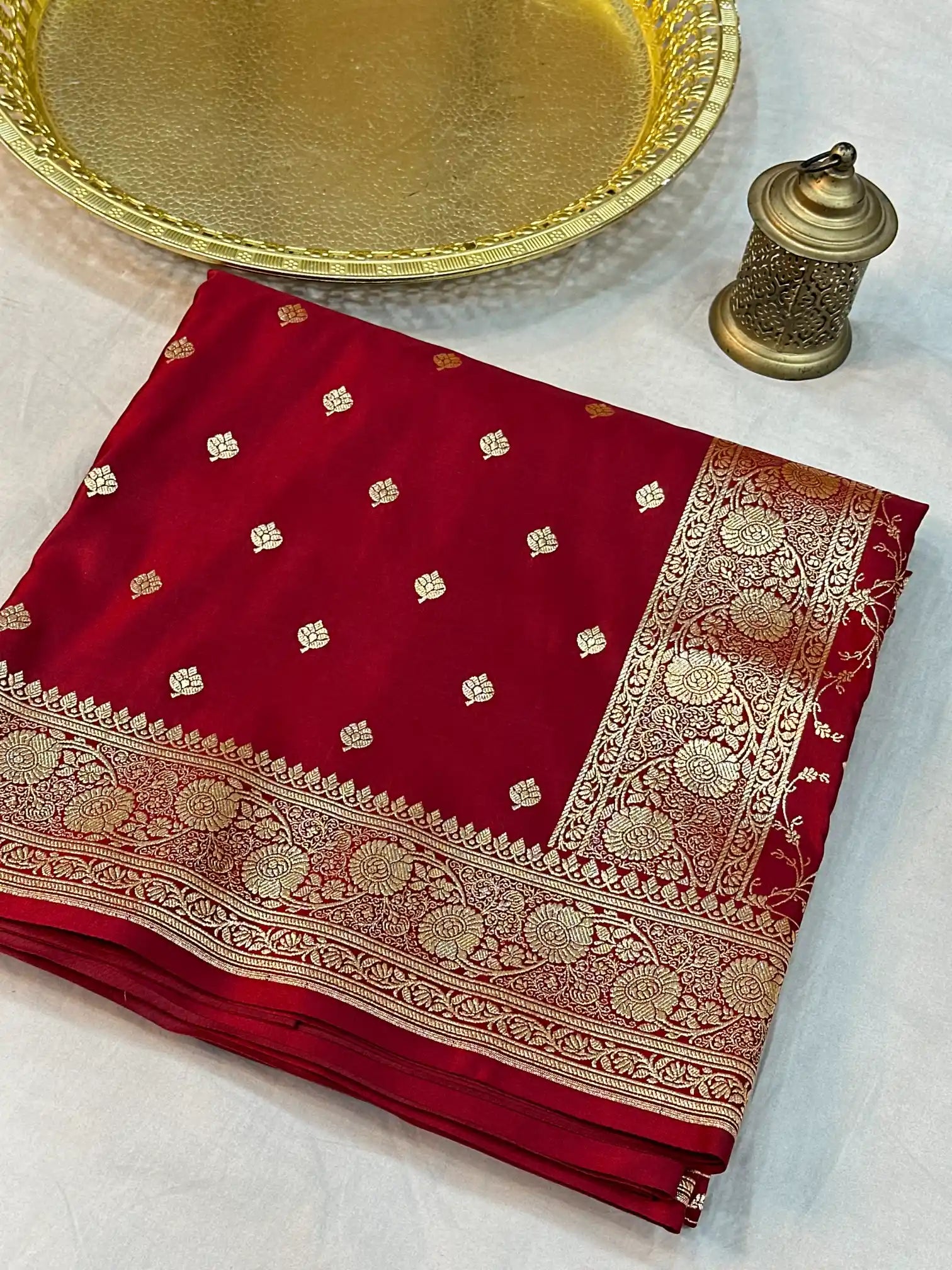 Dark Red Satin Silk Saree with Buta Design and Classical Pallu