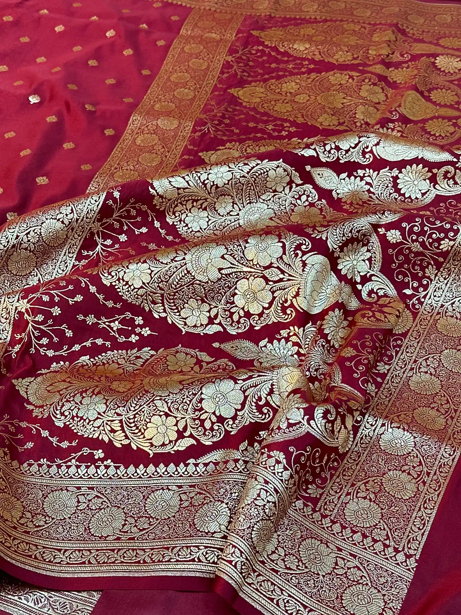 Dark Red Satin Silk Saree with Buta Design and Classical Pallu