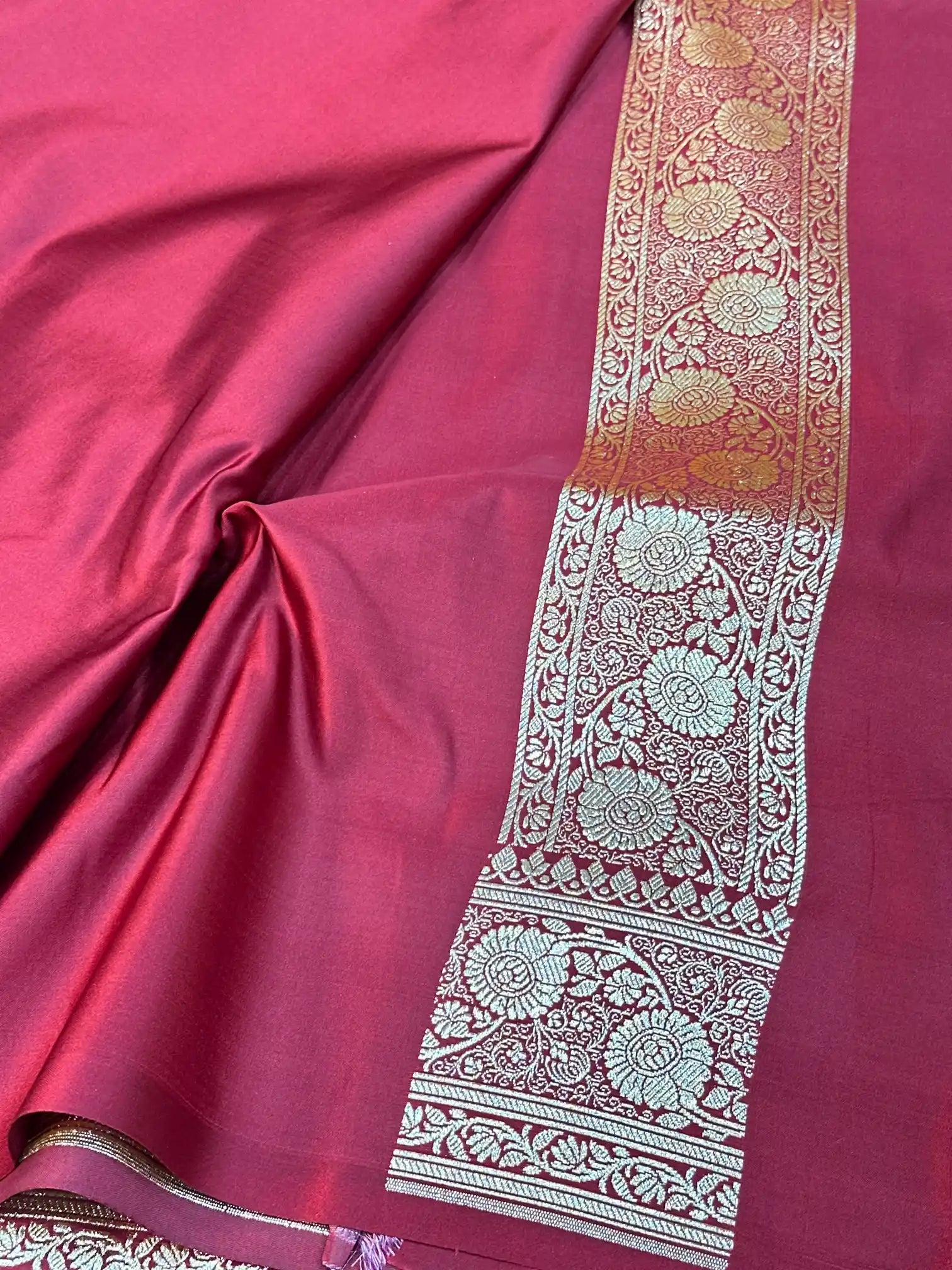 Dark Red Satin Silk Saree with Buta Design and Classical Pallu