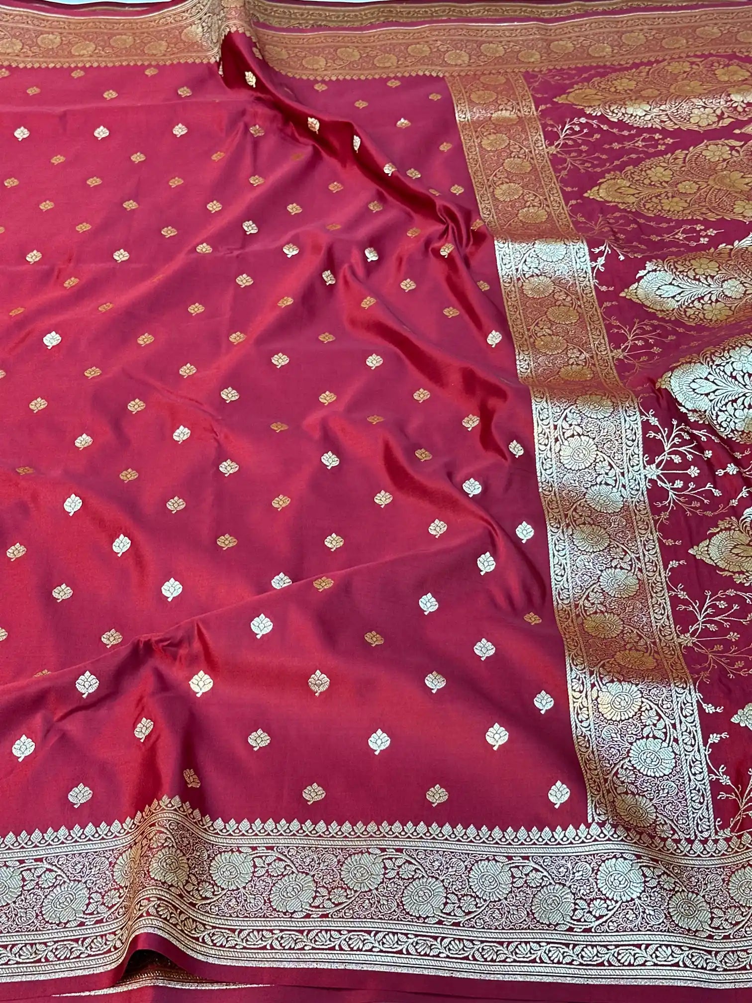 Dark Red Satin Silk Saree with Buta Design and Classical Pallu