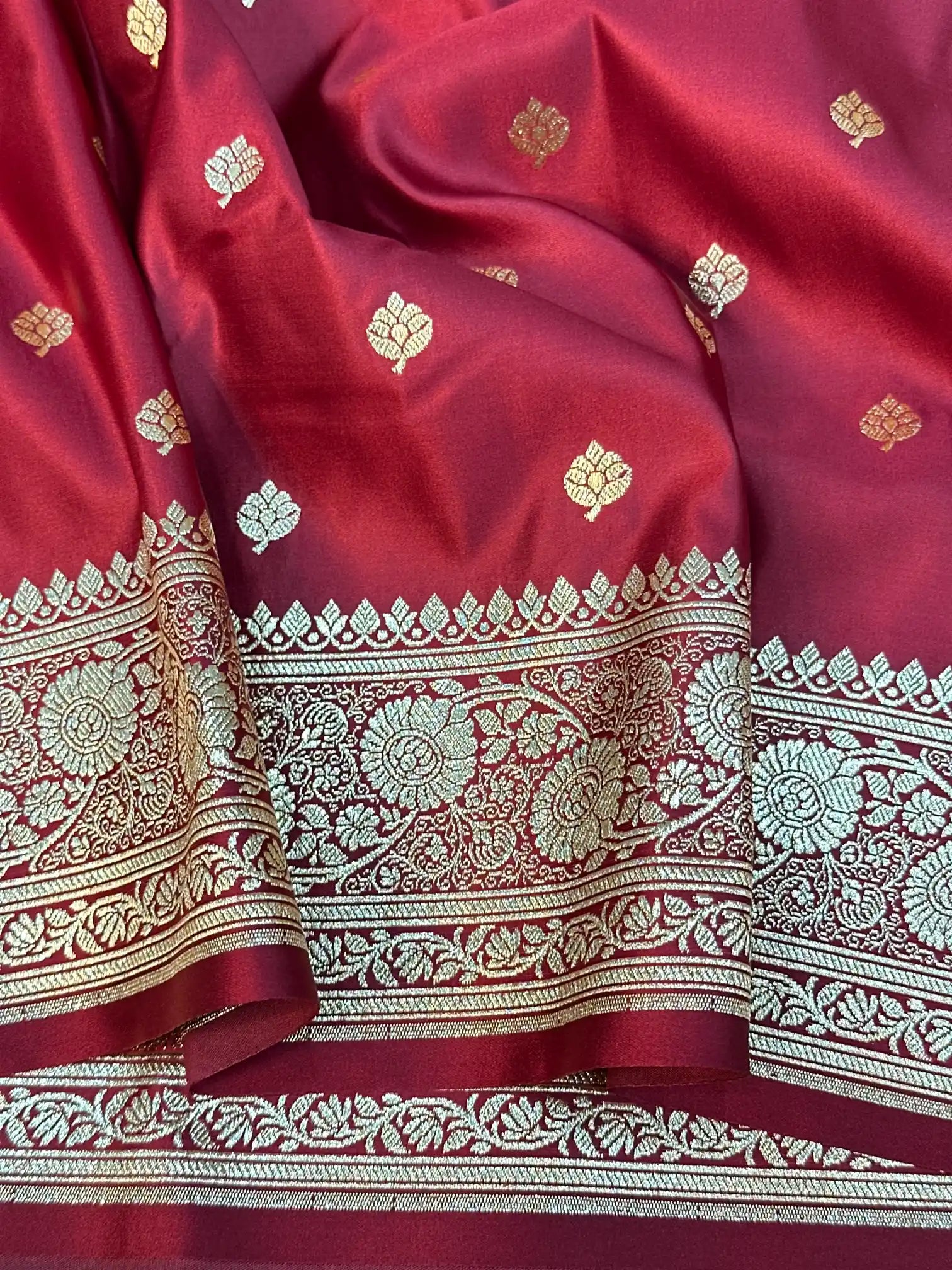 Dark Red Satin Silk Saree with Buta Design and Classical Pallu
