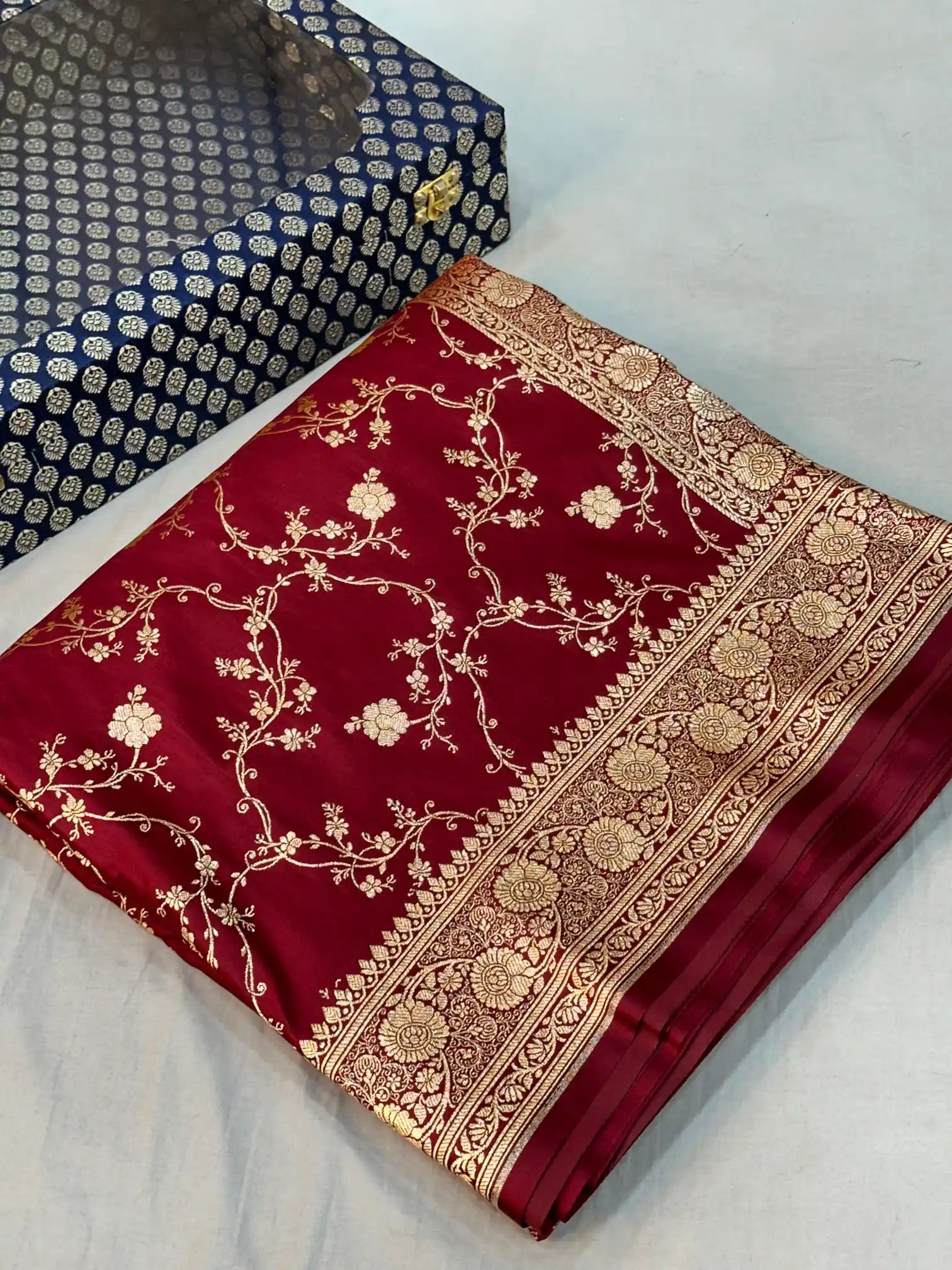 Dark Red Satin Silk Saree with Rich Texture Design and Classical Pallu
