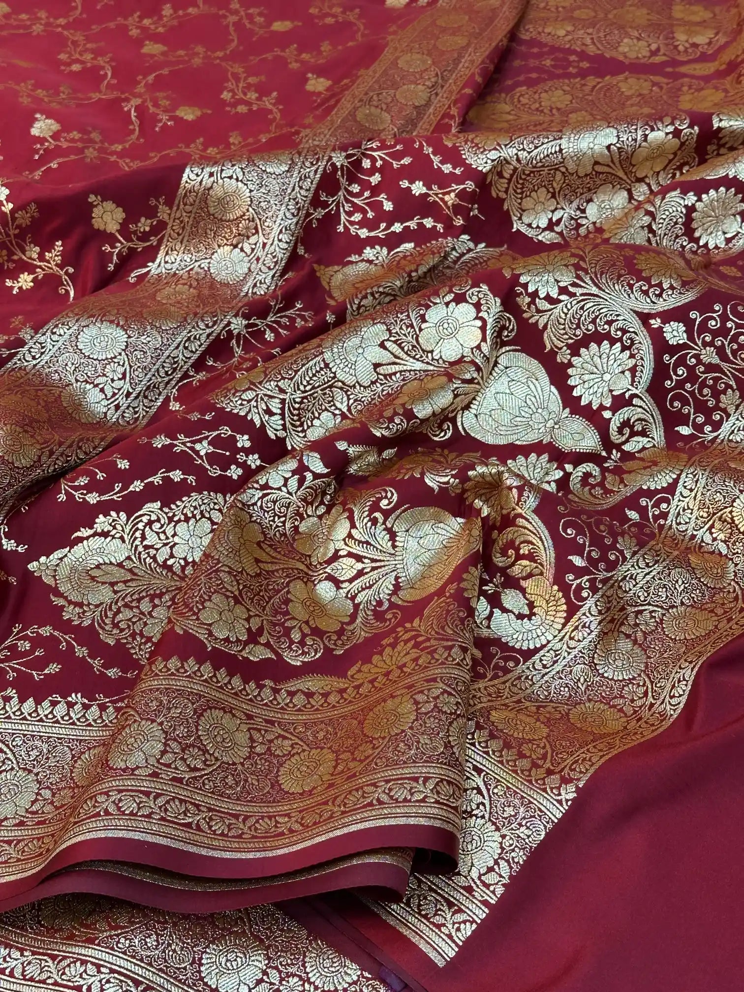Dark Red Satin Silk Saree with Rich Texture Design and Classical Pallu