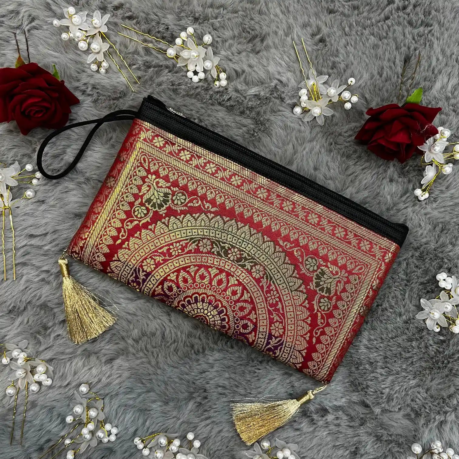 Dark Red Shade Handmade Banarasi Women Wallet